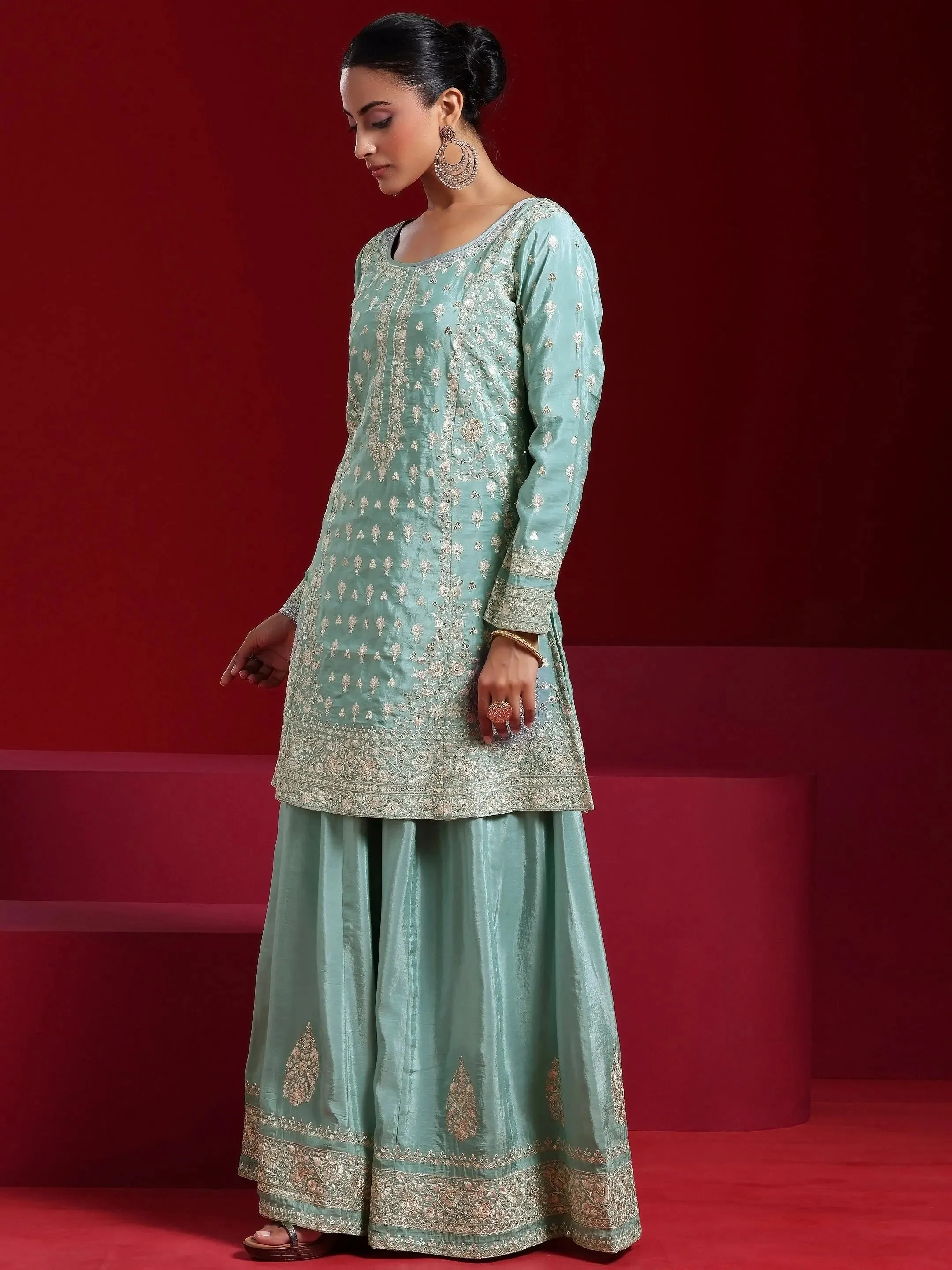 Jashvi Art Green Embroidered Silk Blend A-Line Kurta With Sharara & Dupatta