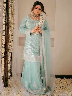 Jashvi Art Green Embroidered Silk Blend A-Line Kurta With Sharara & Dupatta