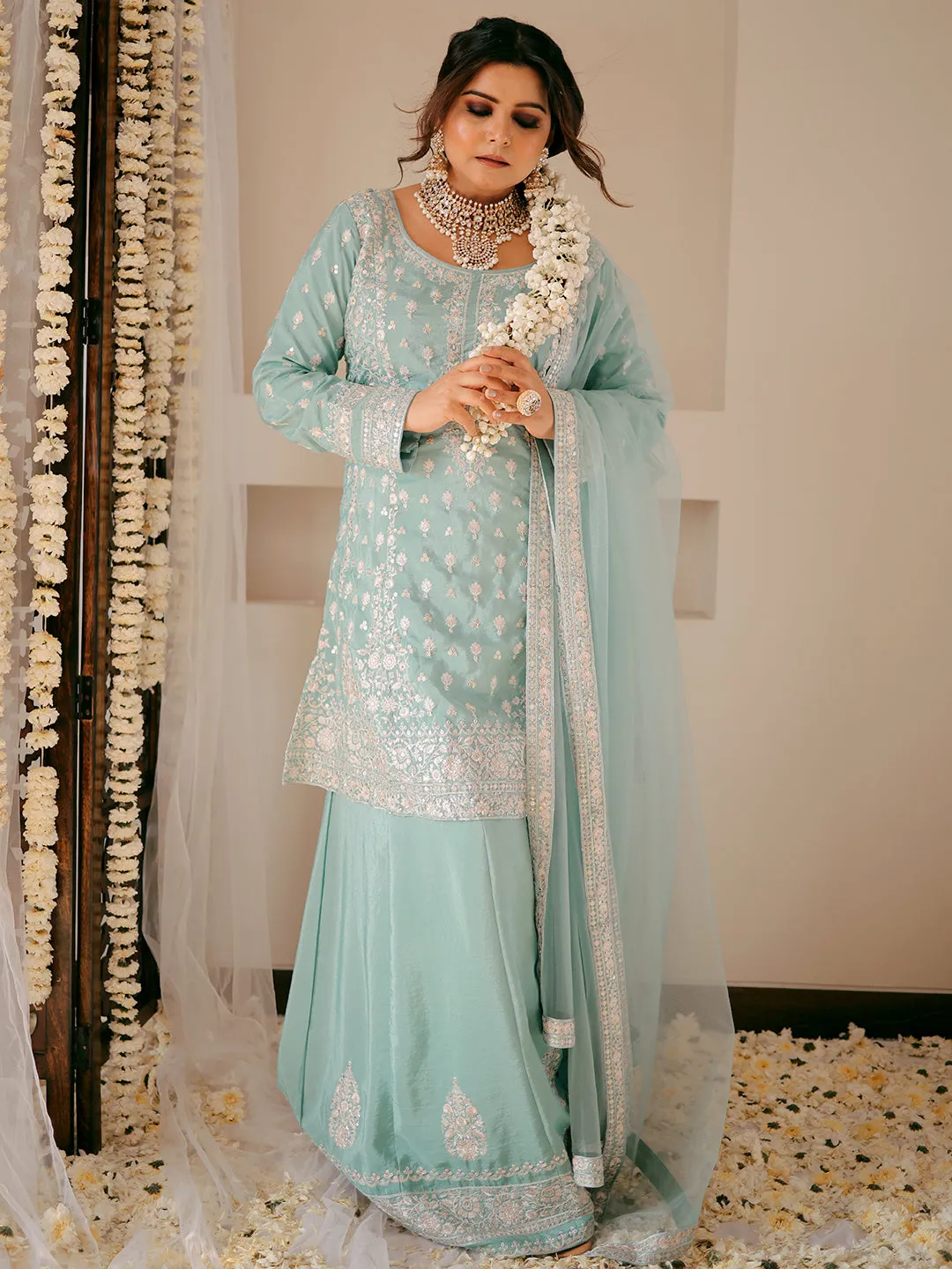 Jashvi Art Green Embroidered Silk Blend A-Line Kurta With Sharara & Dupatta