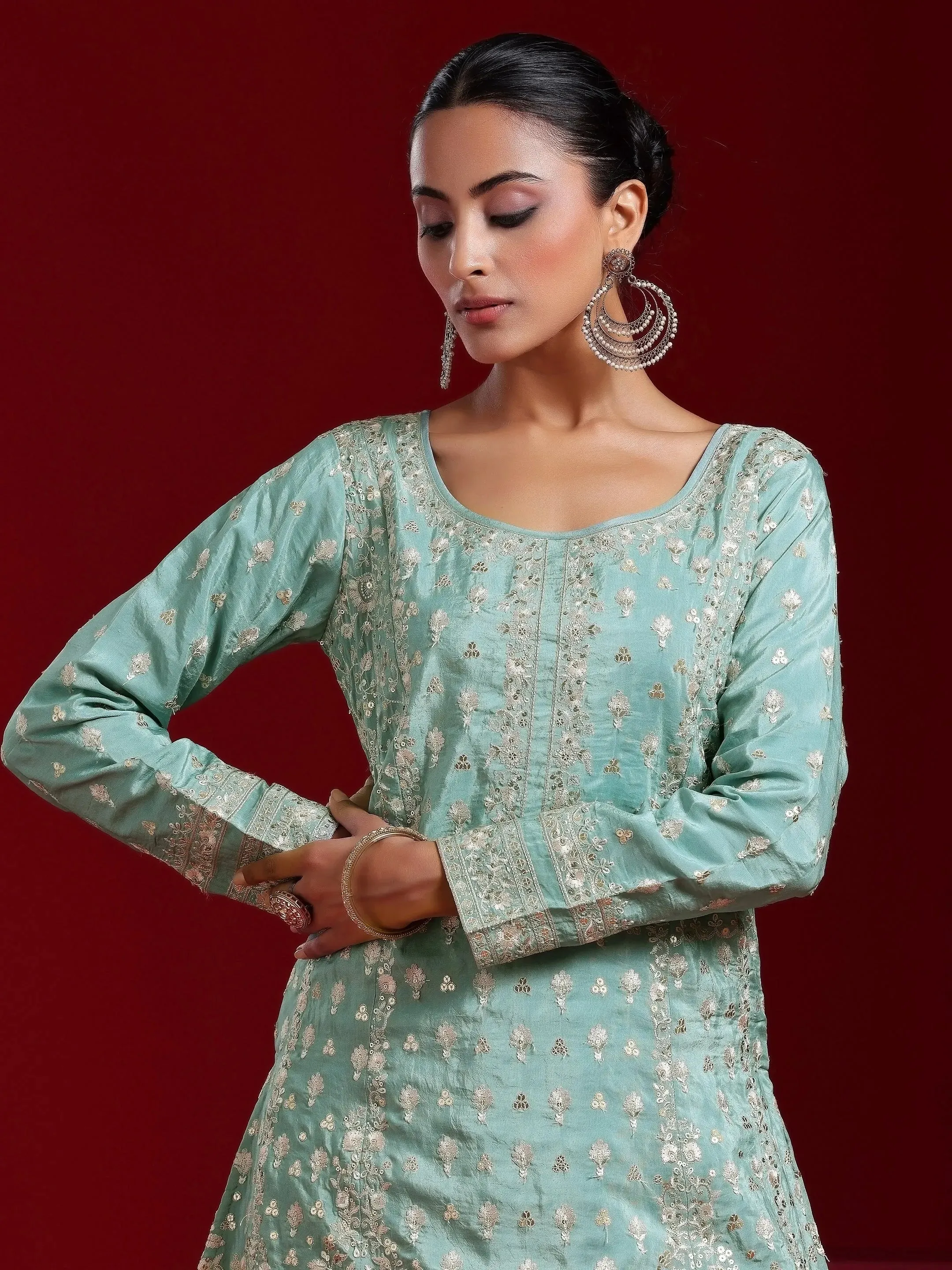 Jashvi Art Green Embroidered Silk Blend A-Line Kurta With Sharara & Dupatta