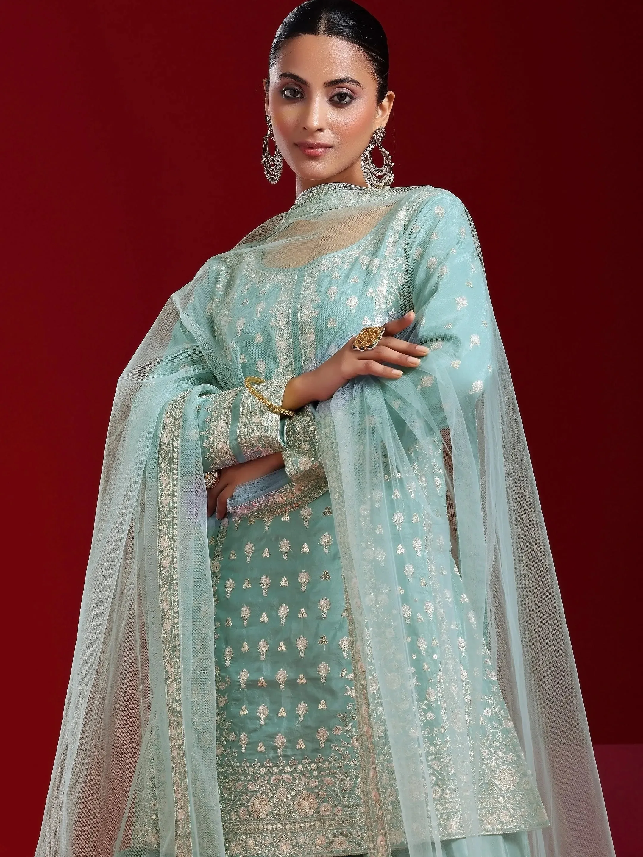 Jashvi Art Green Embroidered Silk Blend A-Line Kurta With Sharara & Dupatta