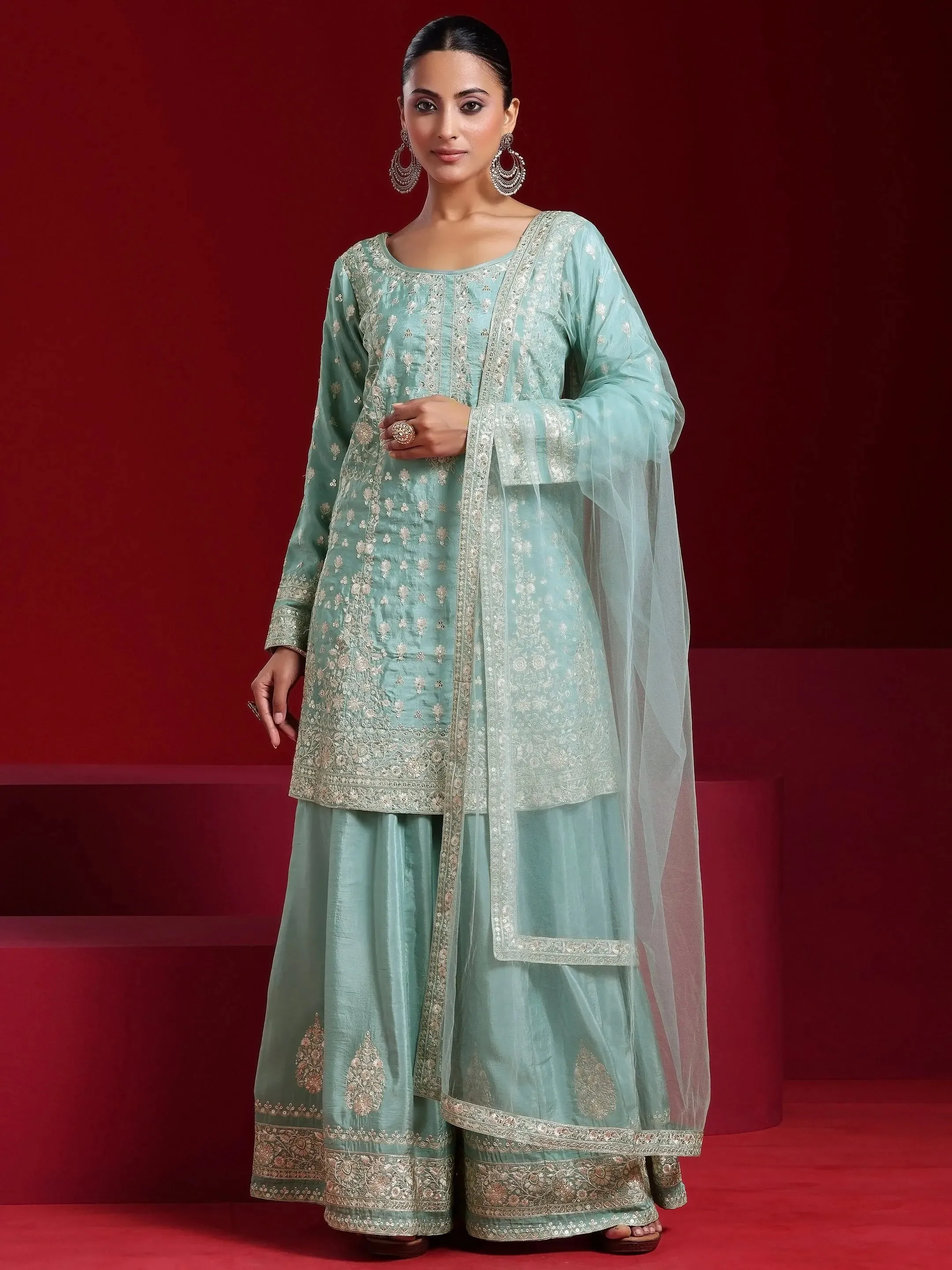 Jashvi Art Green Embroidered Silk Blend A-Line Kurta With Sharara & Dupatta