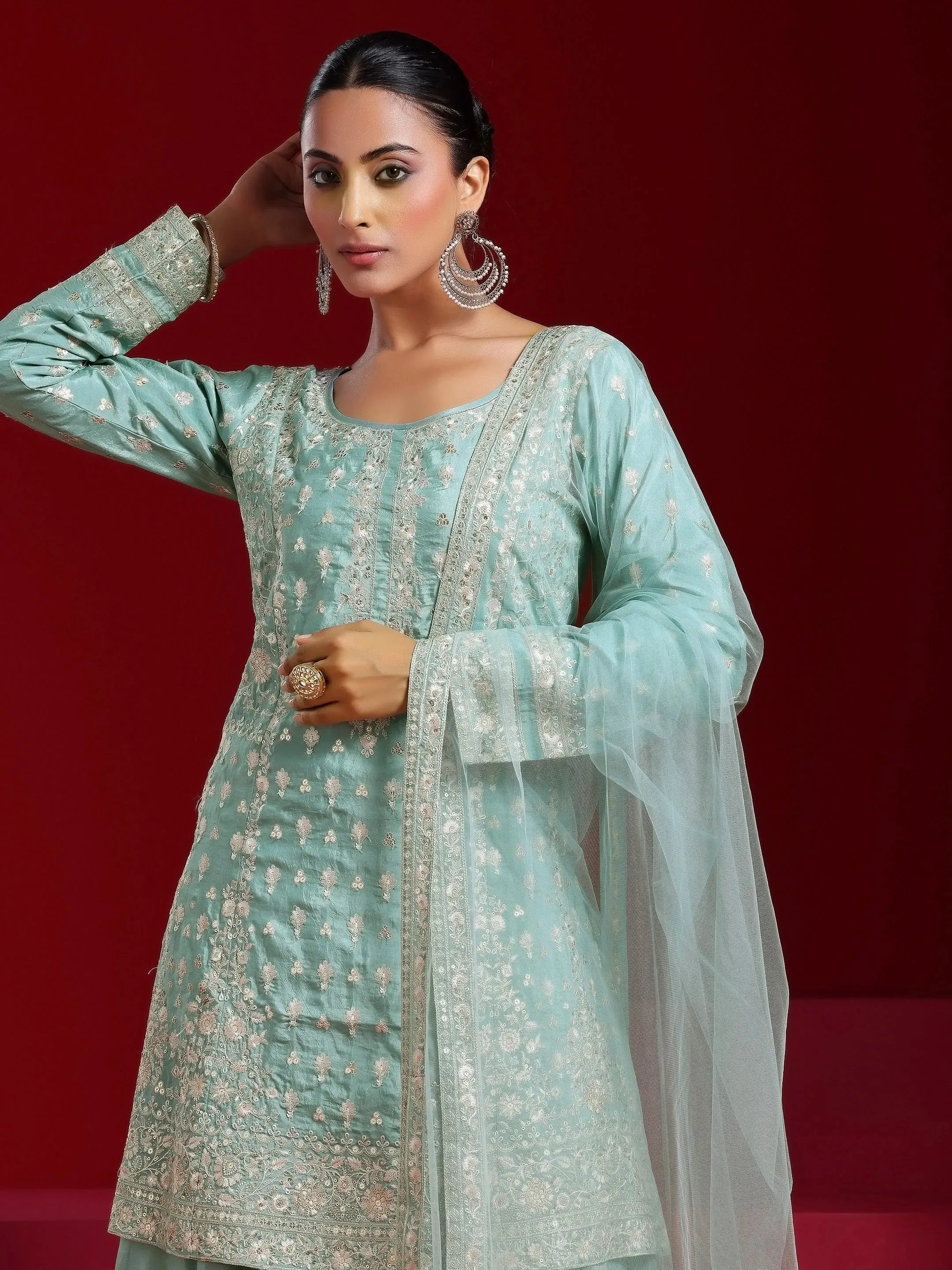 Jashvi Art Green Embroidered Silk Blend A-Line Kurta With Sharara & Dupatta