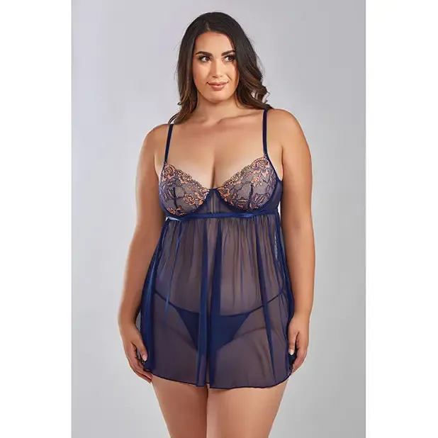 Jennie Cross Dyed Galloon Lace & Mesh Babydoll Navy