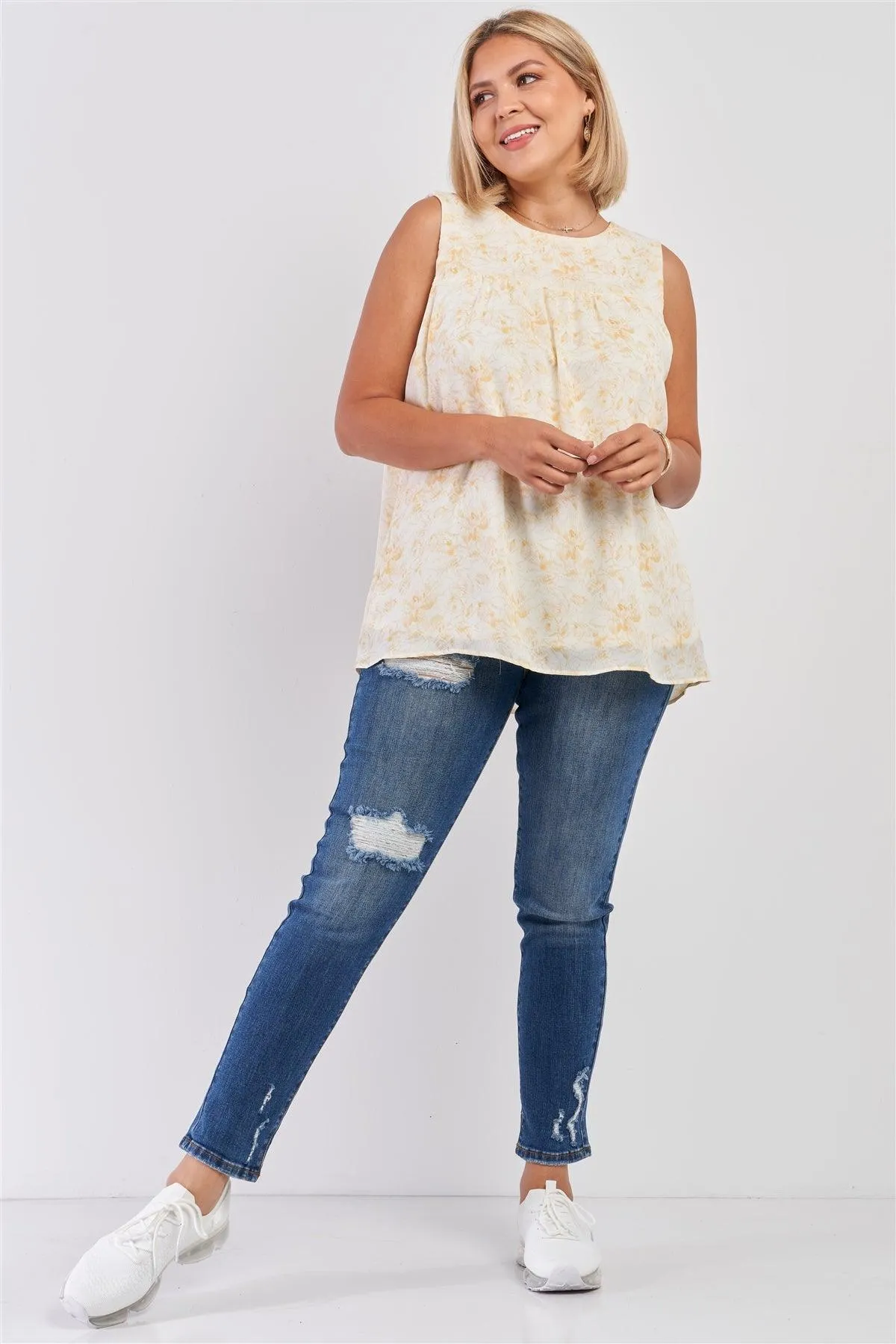 Junior Plus White & Yellow Sleeveless Brushed Print Round Neck Babydoll Top /3-2-1