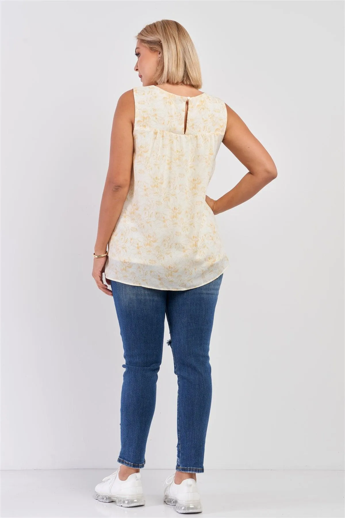 Junior Plus White & Yellow Sleeveless Brushed Print Round Neck Babydoll Top /3-2-1