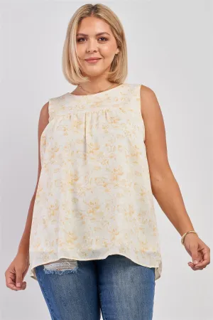 Junior Plus White & Yellow Sleeveless Brushed Print Round Neck Babydoll Top /3-2-1
