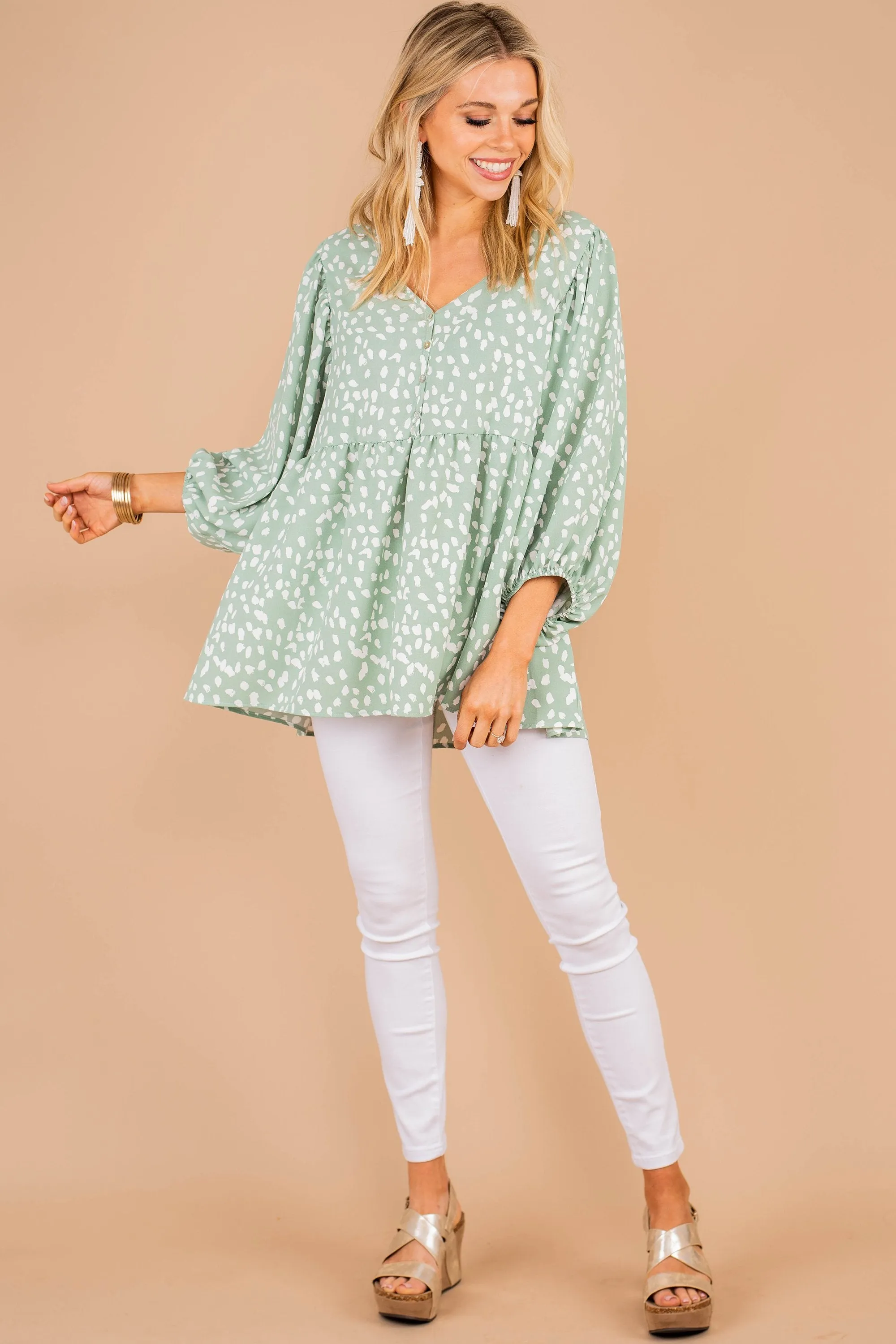 Just So Sweet Sage Green Spotted Leopard Top