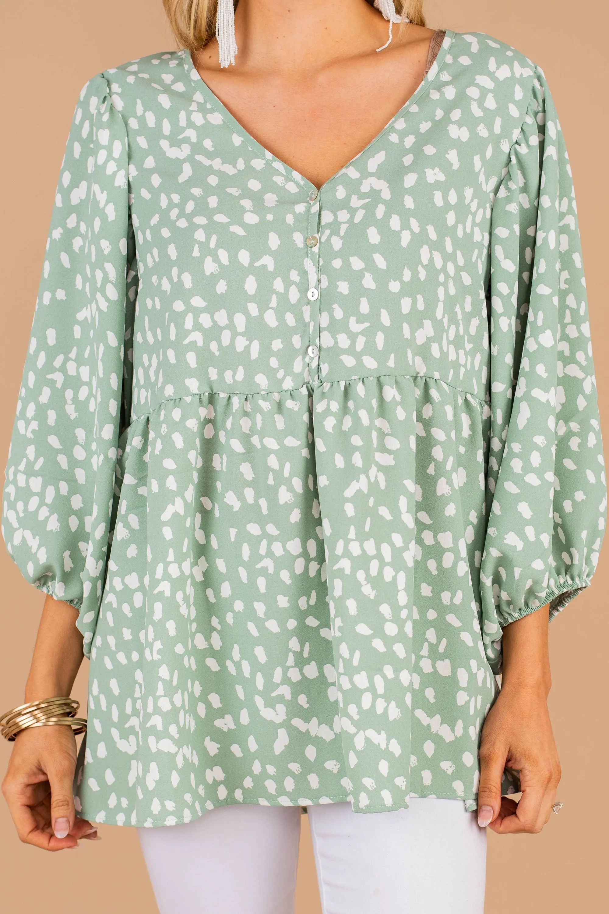 Just So Sweet Sage Green Spotted Leopard Top
