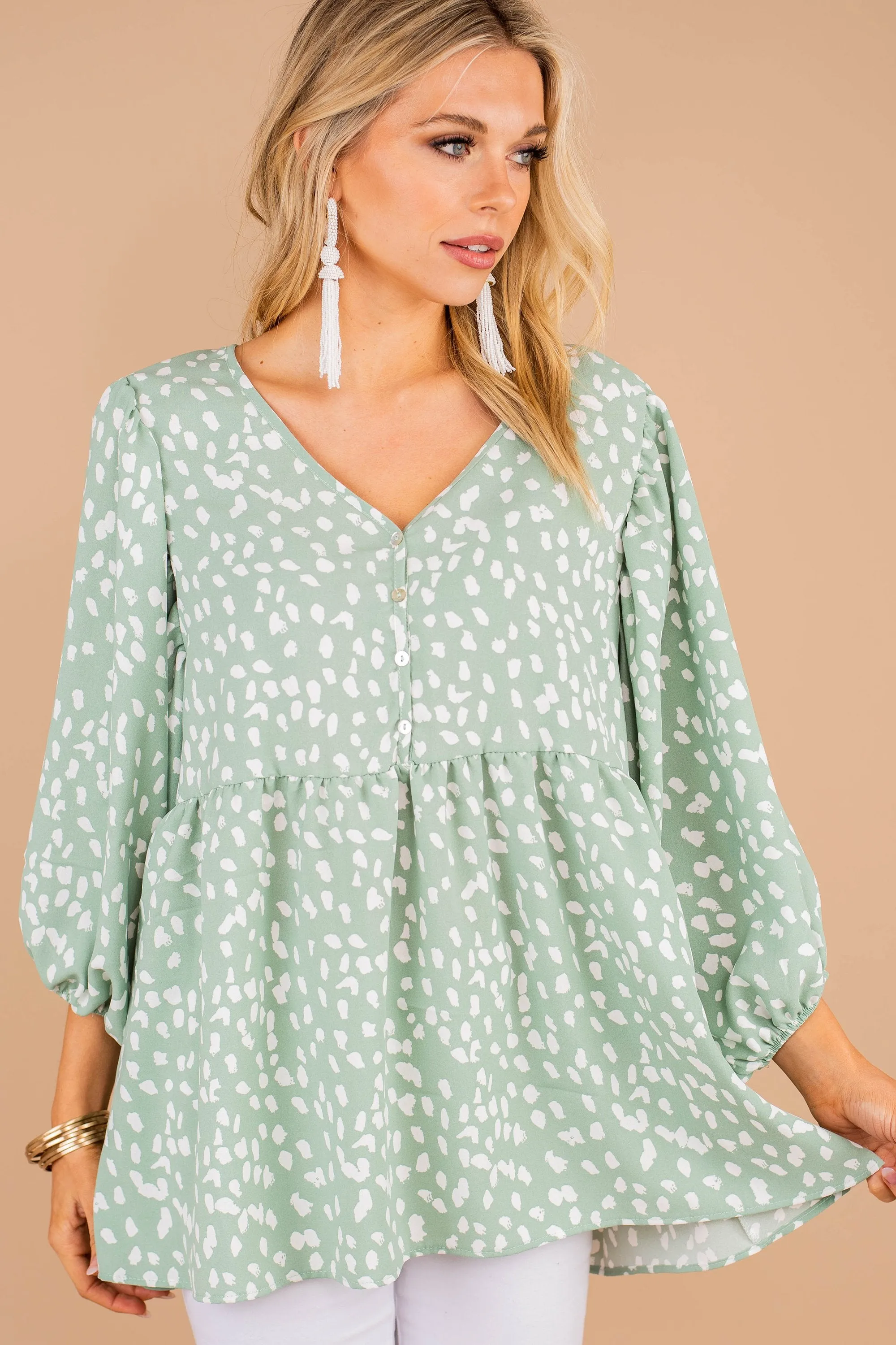 Just So Sweet Sage Green Spotted Leopard Top
