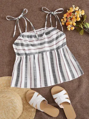 Knot Shoulder Shirred Back Striped Babydoll Cami Top