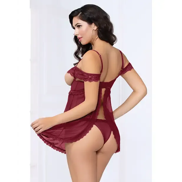 Lace and Mesh Open Cups Babydoll With fly Away Back and Panty Wine