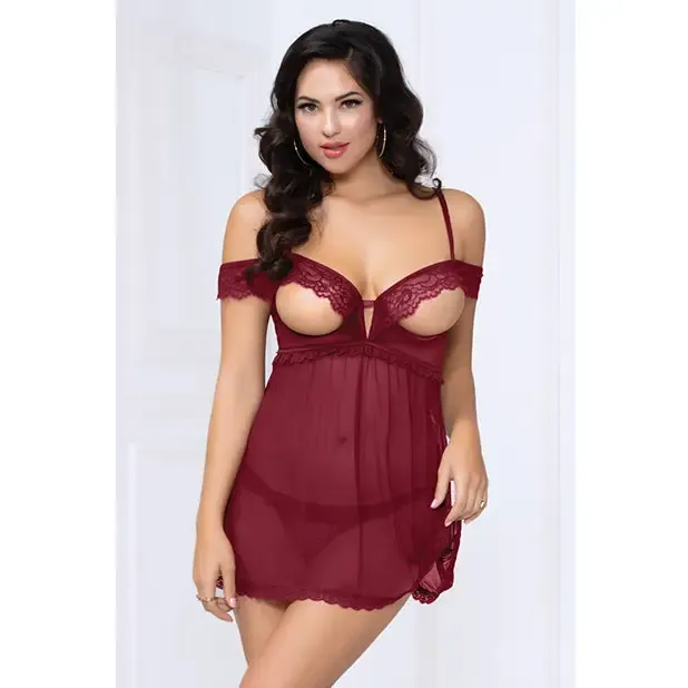 Lace and Mesh Open Cups Babydoll With fly Away Back and Panty Wine