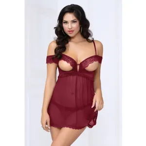 Lace and Mesh Open Cups Babydoll With fly Away Back and Panty Wine