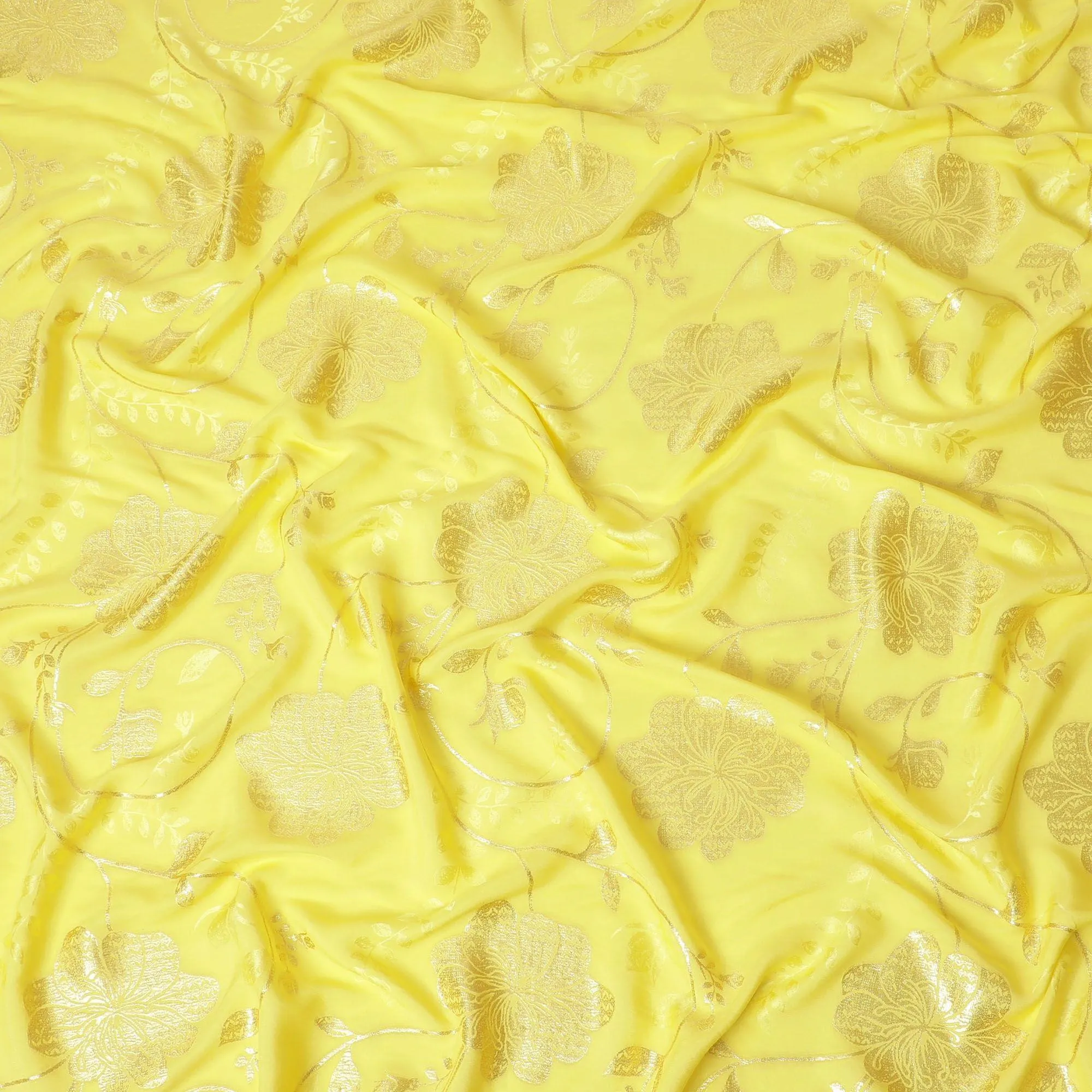Lemon yellow Premium pure silk crepe fabric having same tone jacquard and gold metallic lurex in floral design-D14299