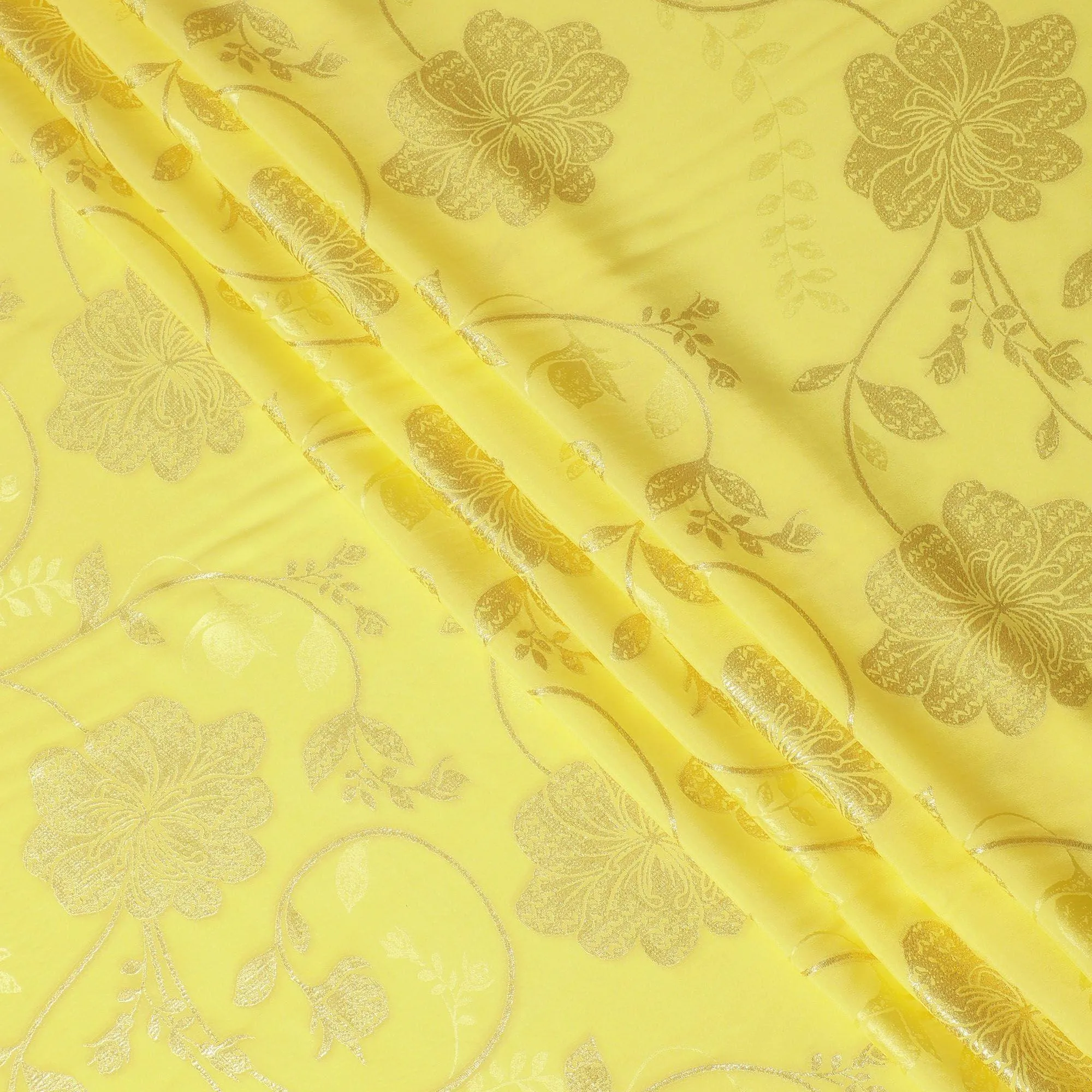 Lemon yellow Premium pure silk crepe fabric having same tone jacquard and gold metallic lurex in floral design-D14299