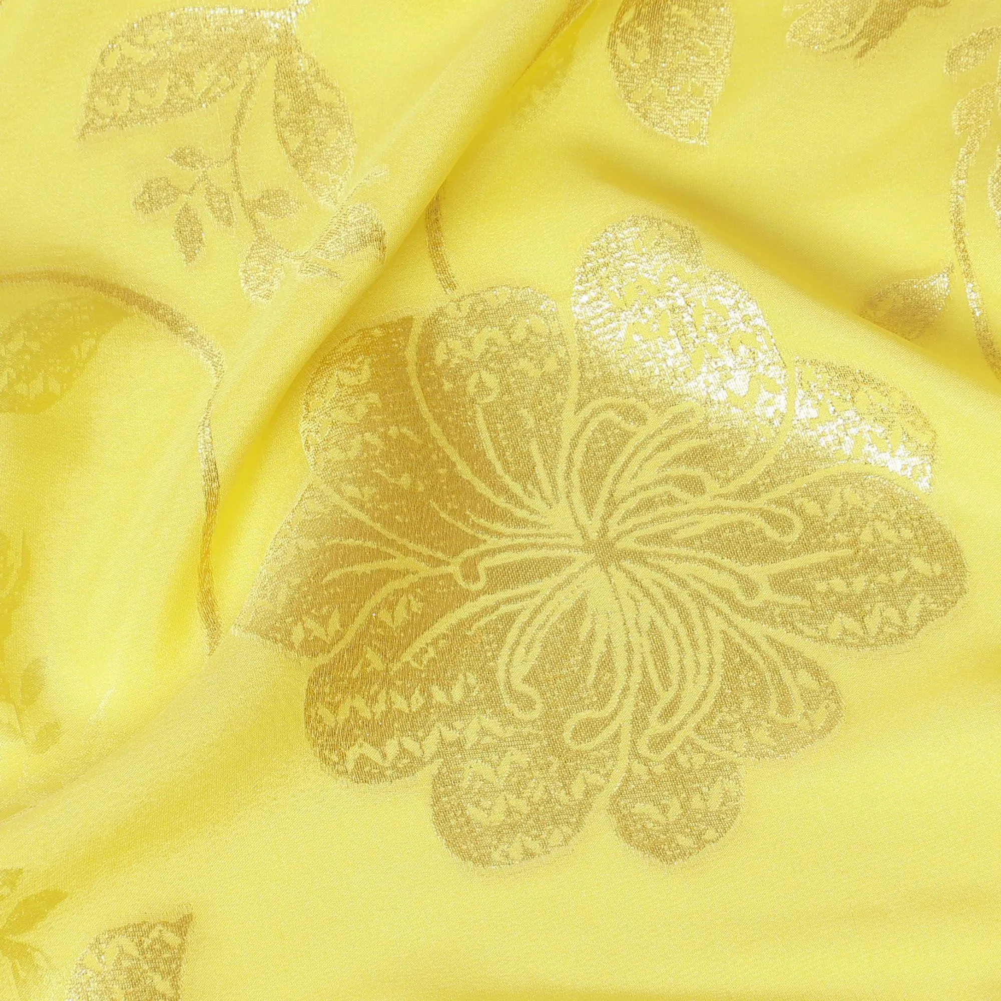 Lemon yellow Premium pure silk crepe fabric having same tone jacquard and gold metallic lurex in floral design-D14299