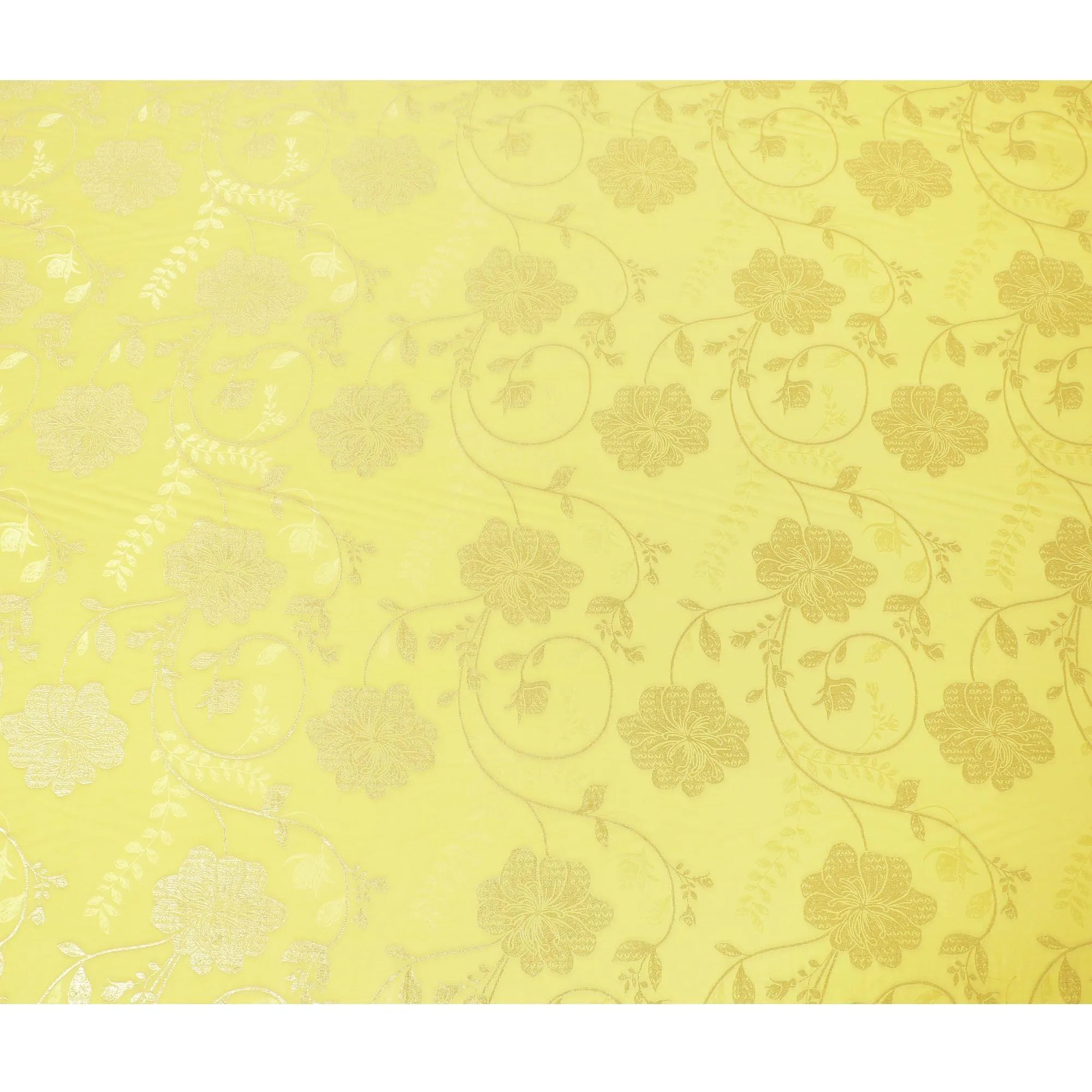 Lemon yellow Premium pure silk crepe fabric having same tone jacquard and gold metallic lurex in floral design-D14299