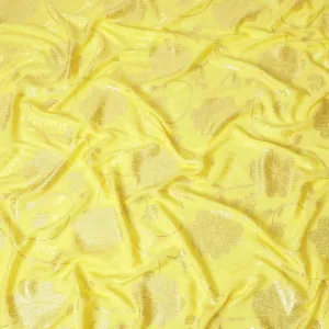 Lemon yellow Premium pure silk crepe fabric having same tone jacquard and gold metallic lurex in floral design-D14299