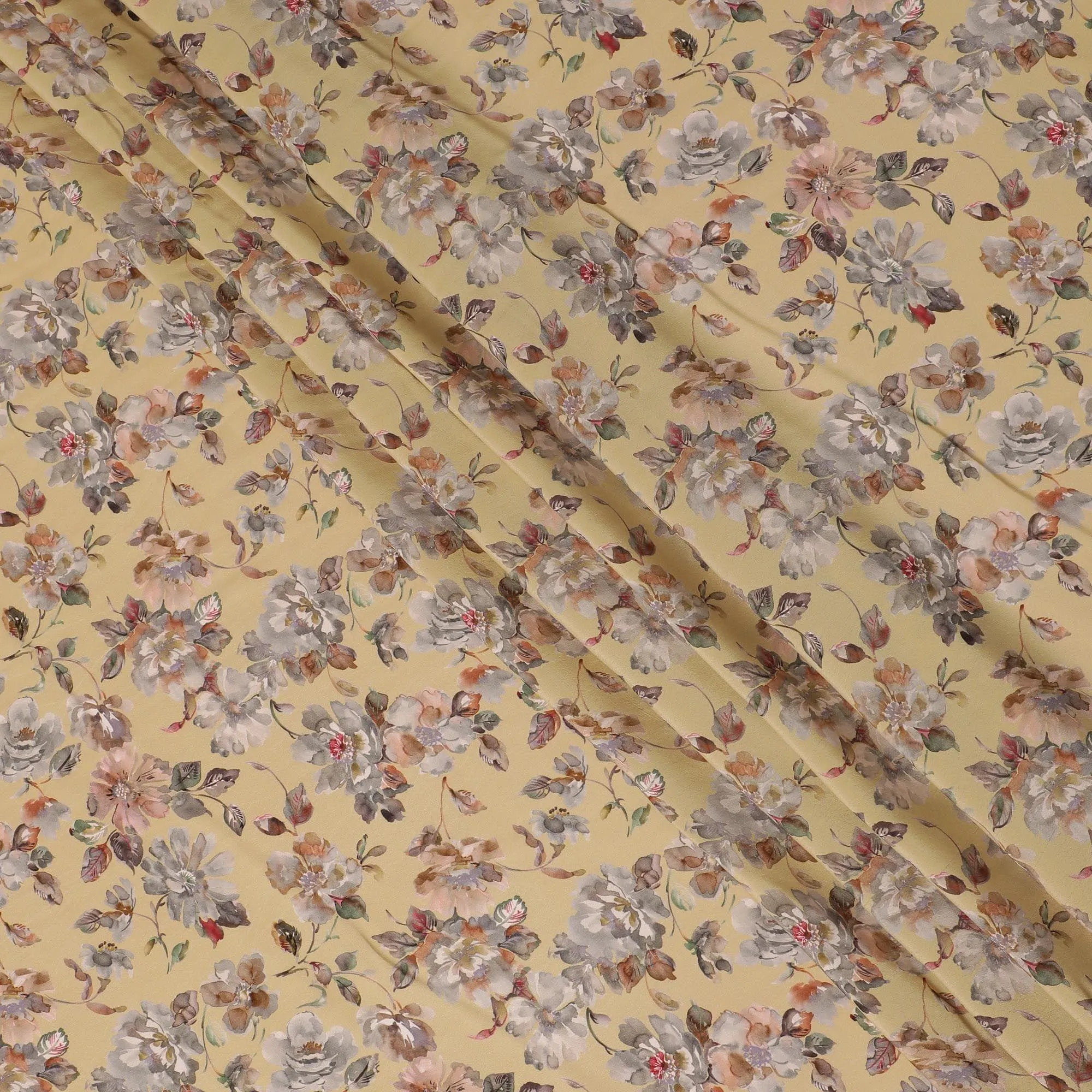 Linen white synthetic crepe fabric with multi color digital prints in floral design-D15775