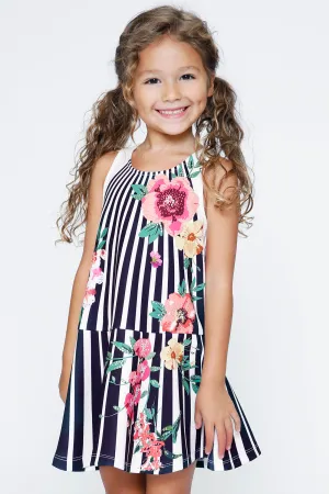 Little Girls Sleeveless Dropped Waist Floral and Stripe Print Dress