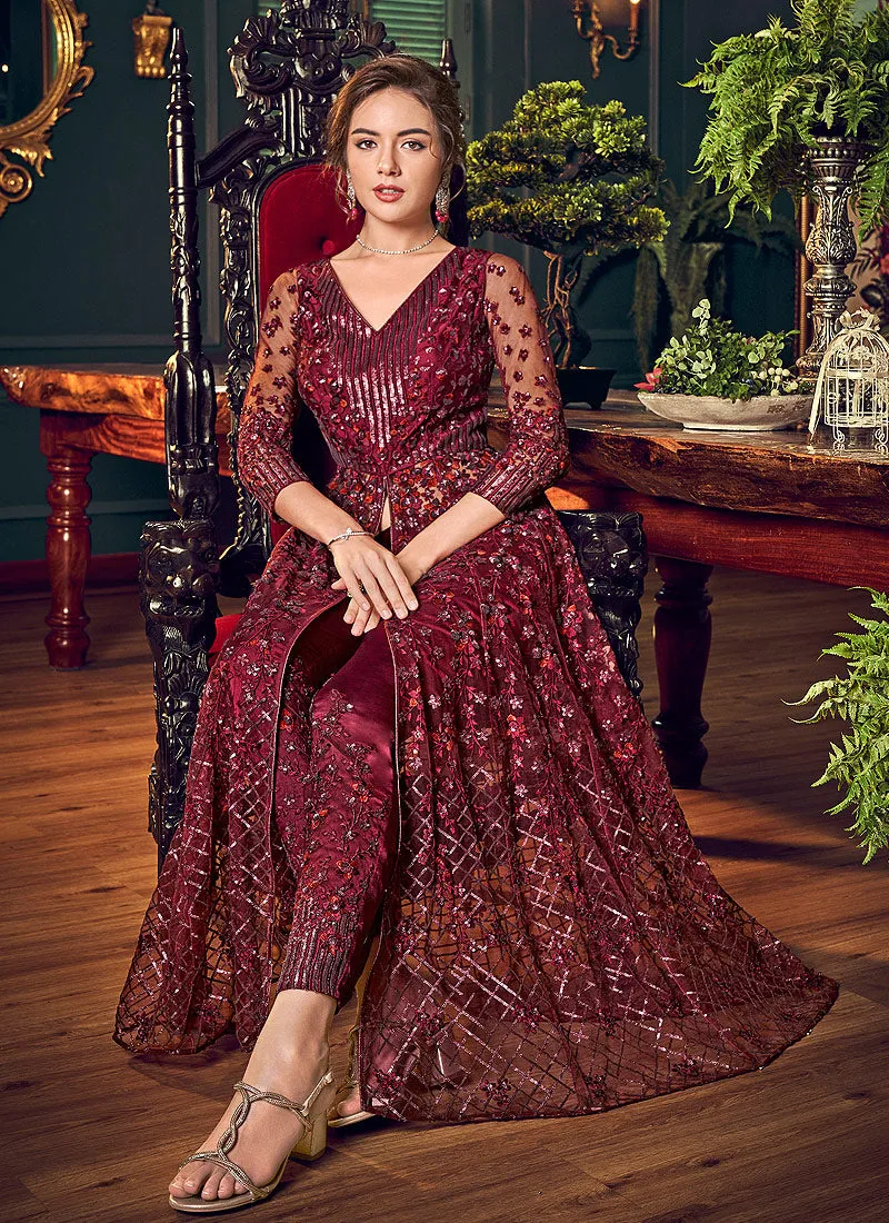 Maroon Embroidered Slit Style Anarkali Lehenga Suit