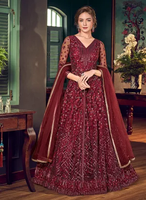 Maroon Embroidered Slit Style Anarkali Lehenga Suit