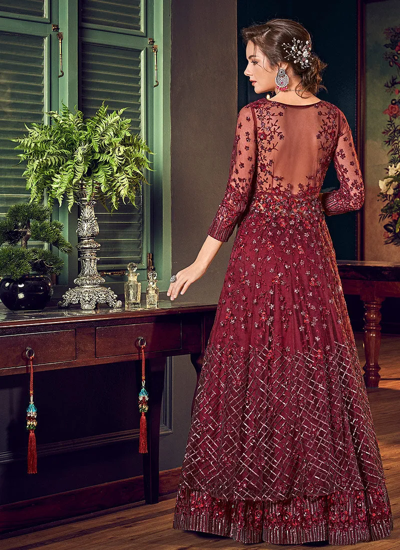Maroon Embroidered Slit Style Anarkali Lehenga Suit