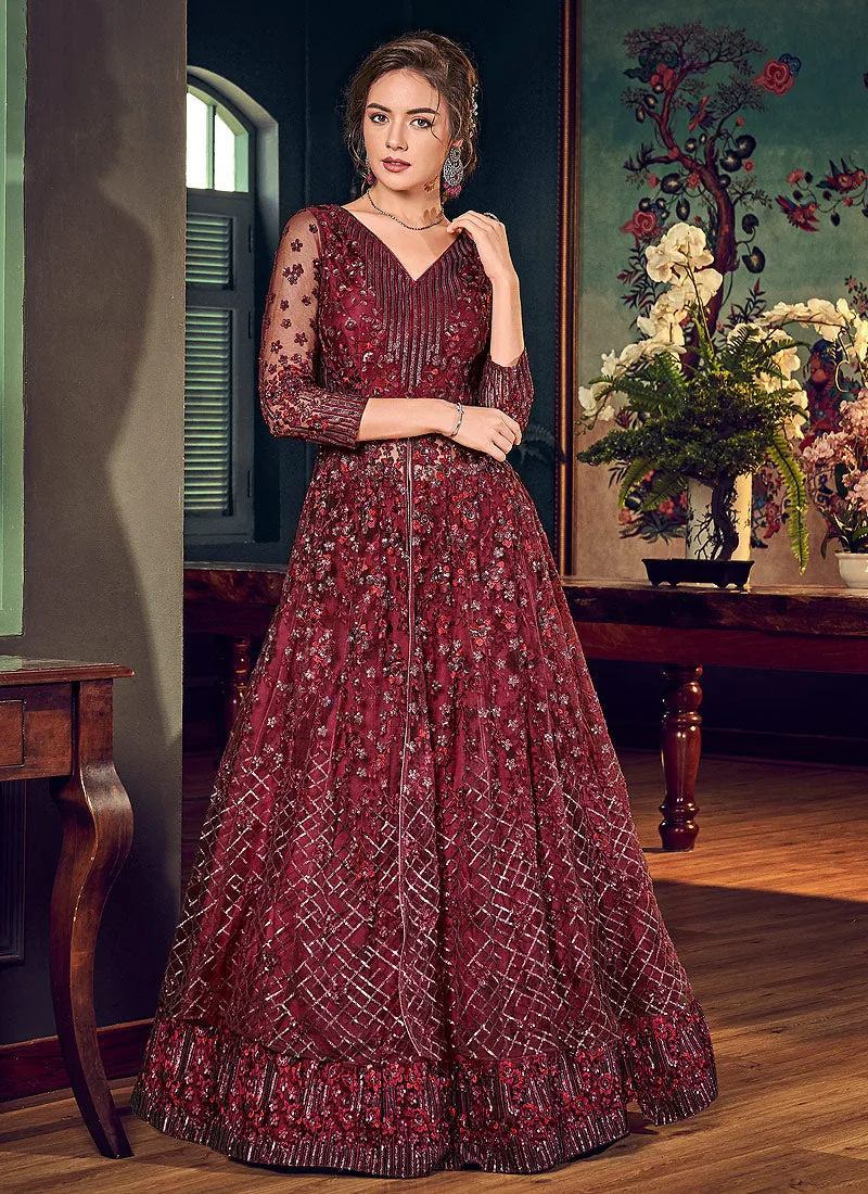 Maroon Embroidered Slit Style Anarkali Lehenga Suit