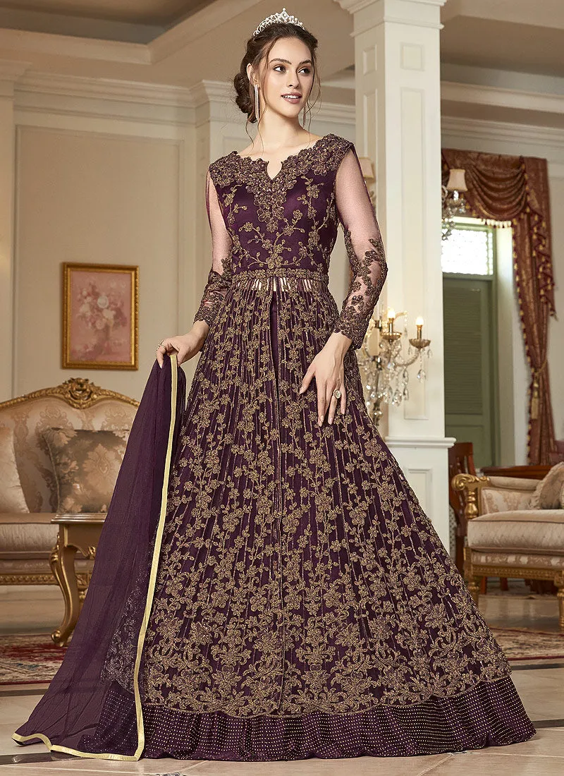 Maroon Zari Embroidered Anarkali Lehenga Suit