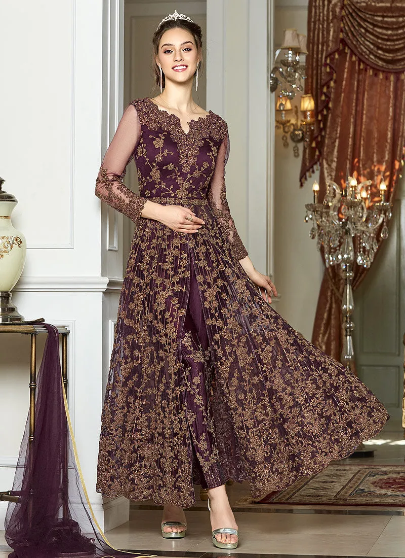 Maroon Zari Embroidered Anarkali Lehenga Suit