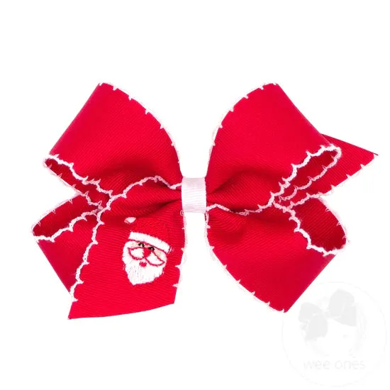 Medium Grosgrain Hair Bow with Moonstitch Edge and Christmas-themed Embroidery