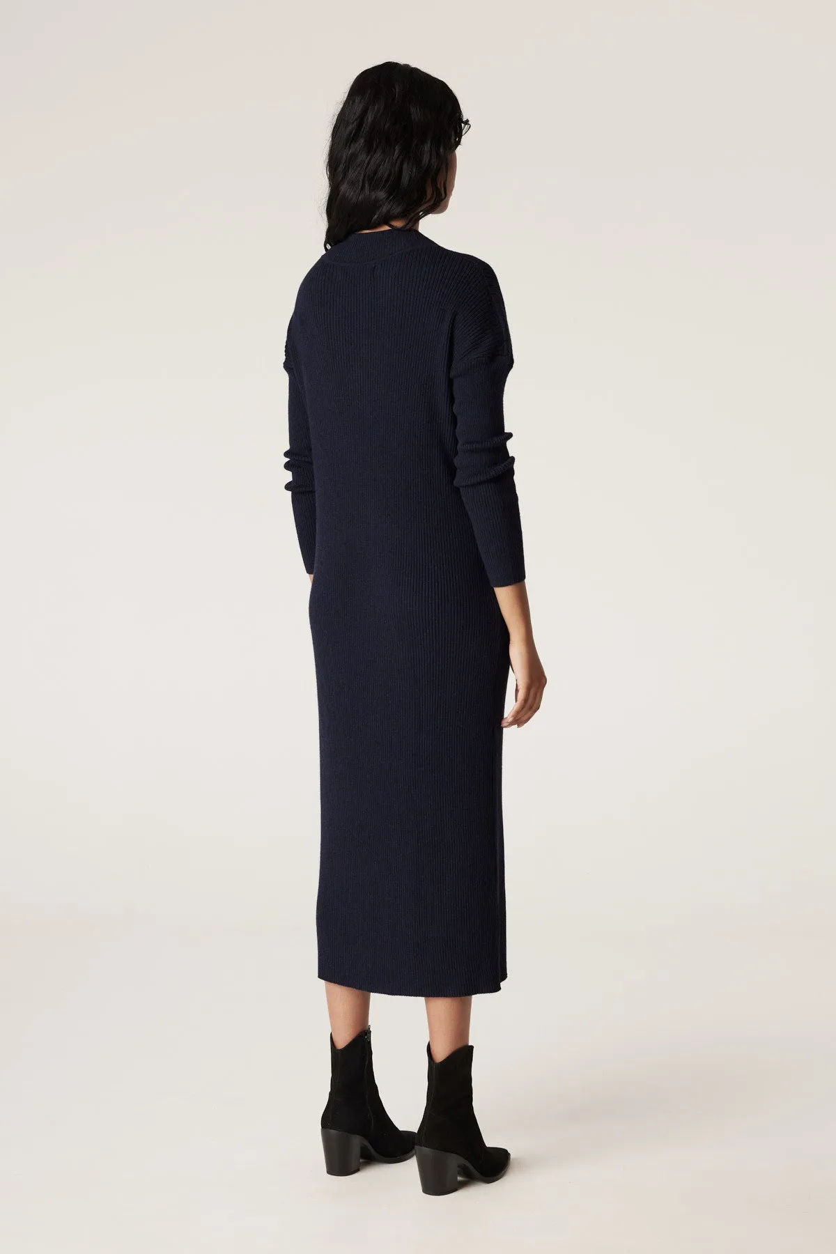 Merino V Rib Dress - Ink Navy