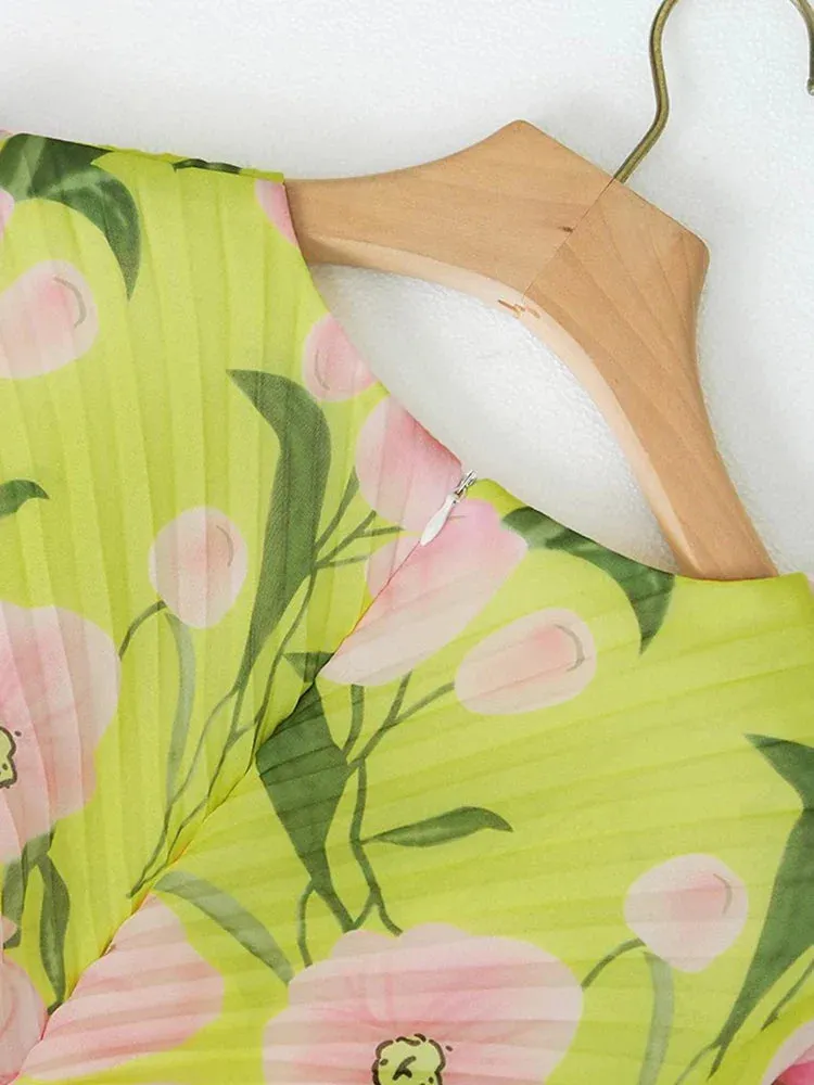 Metaversmall Casual Floral Print Yellow Dress Female V Neck Lantern Sleeve Slimming Pleated Holiday Long Dresses For Women Clothes Autumn