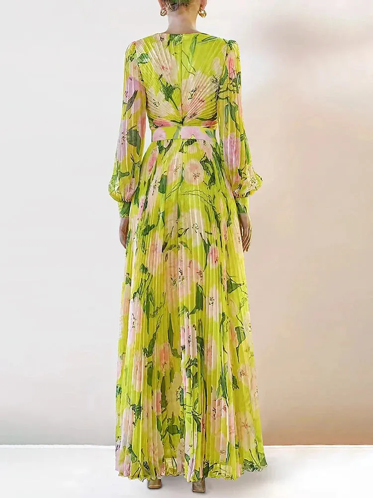 Metaversmall Casual Floral Print Yellow Dress Female V Neck Lantern Sleeve Slimming Pleated Holiday Long Dresses For Women Clothes Autumn