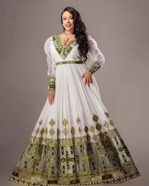 Modern Take with Emerald Green Habesha Dress: Puffy Sleeves on Traditional Ethiopian Dress for Unforgettable Look Ethiopian Wedding Dress