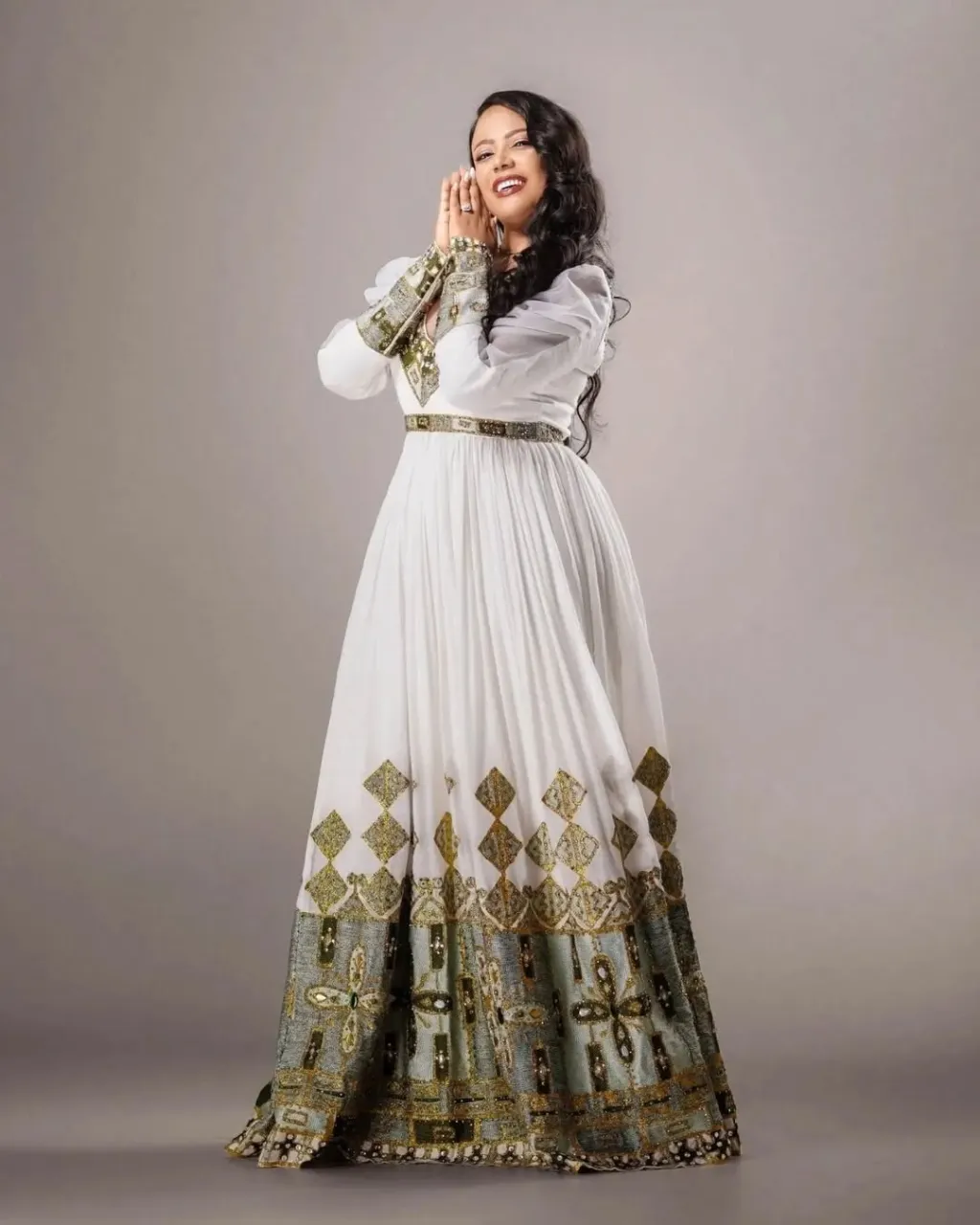 Modern Take with Emerald Green Habesha Dress: Puffy Sleeves on Traditional Ethiopian Dress for Unforgettable Look Ethiopian Wedding Dress