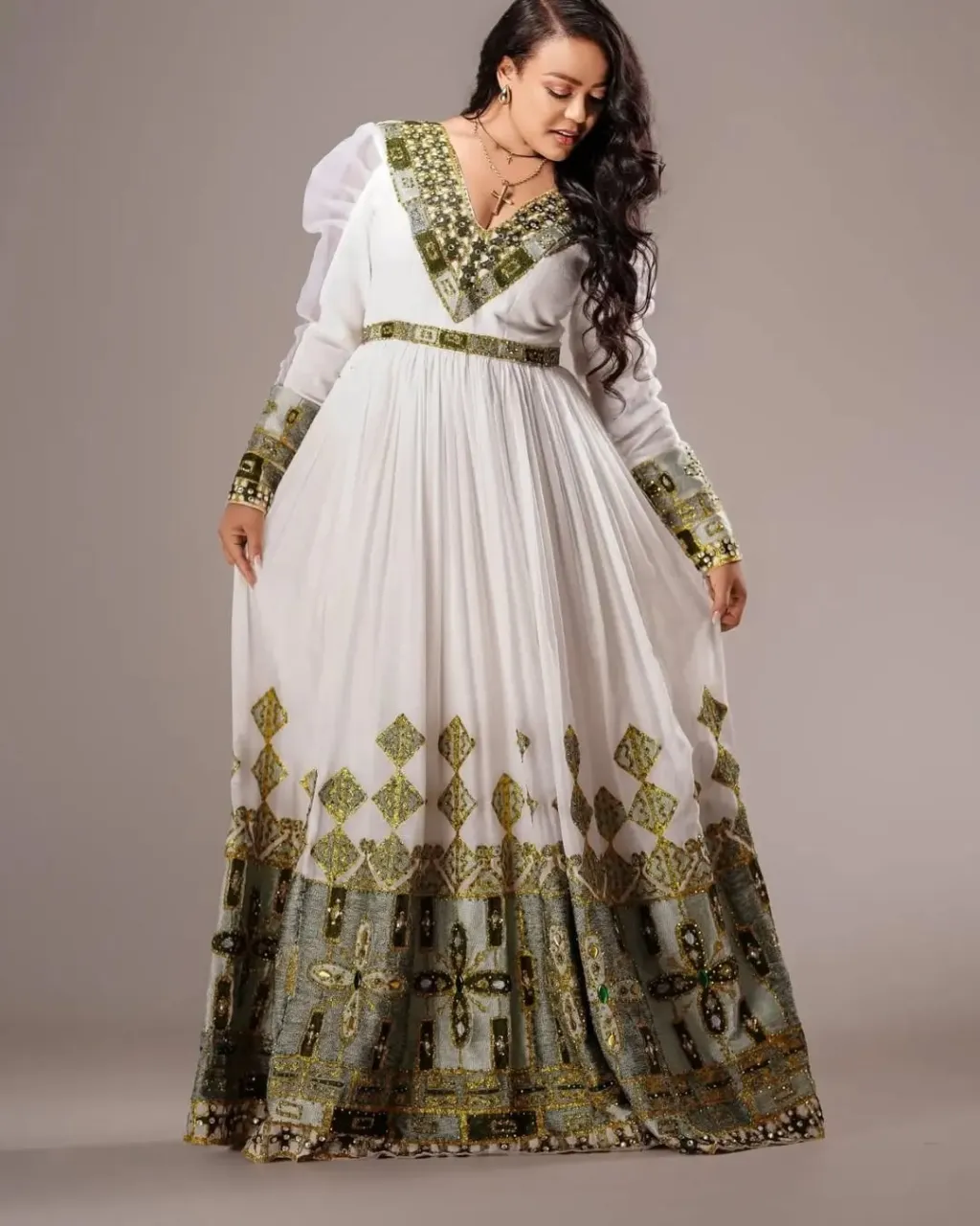 Modern Take with Emerald Green Habesha Dress: Puffy Sleeves on Traditional Ethiopian Dress for Unforgettable Look Ethiopian Wedding Dress