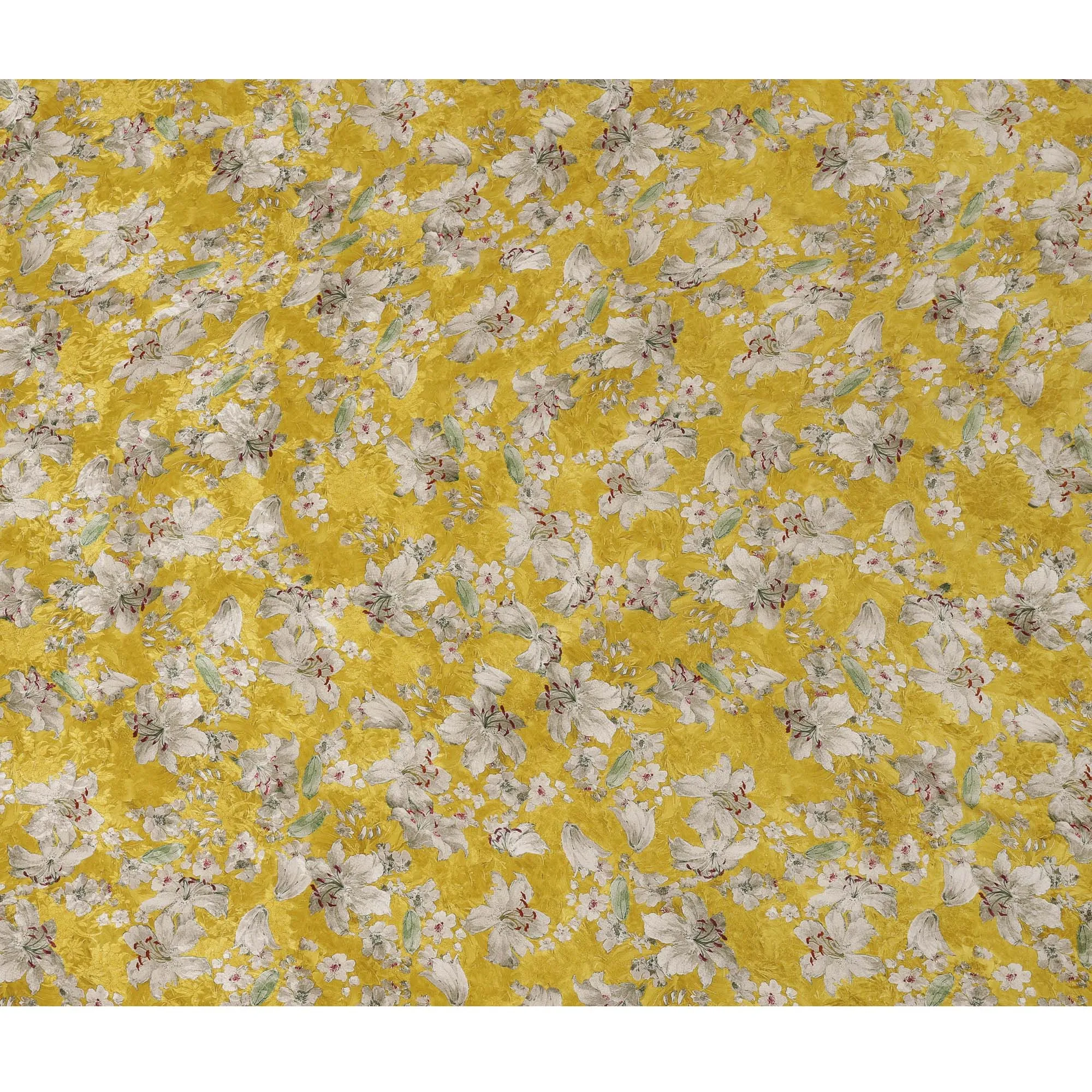 Mustard Yellow Viscose Crepe Printed Fabric with White Floral Design, 110 cm Width
-D20454