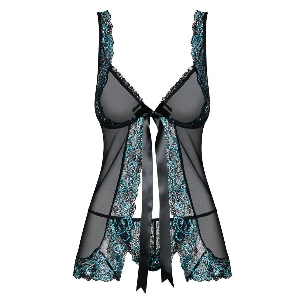 Obsessive Stretchy Black Open Front Babydoll and String
