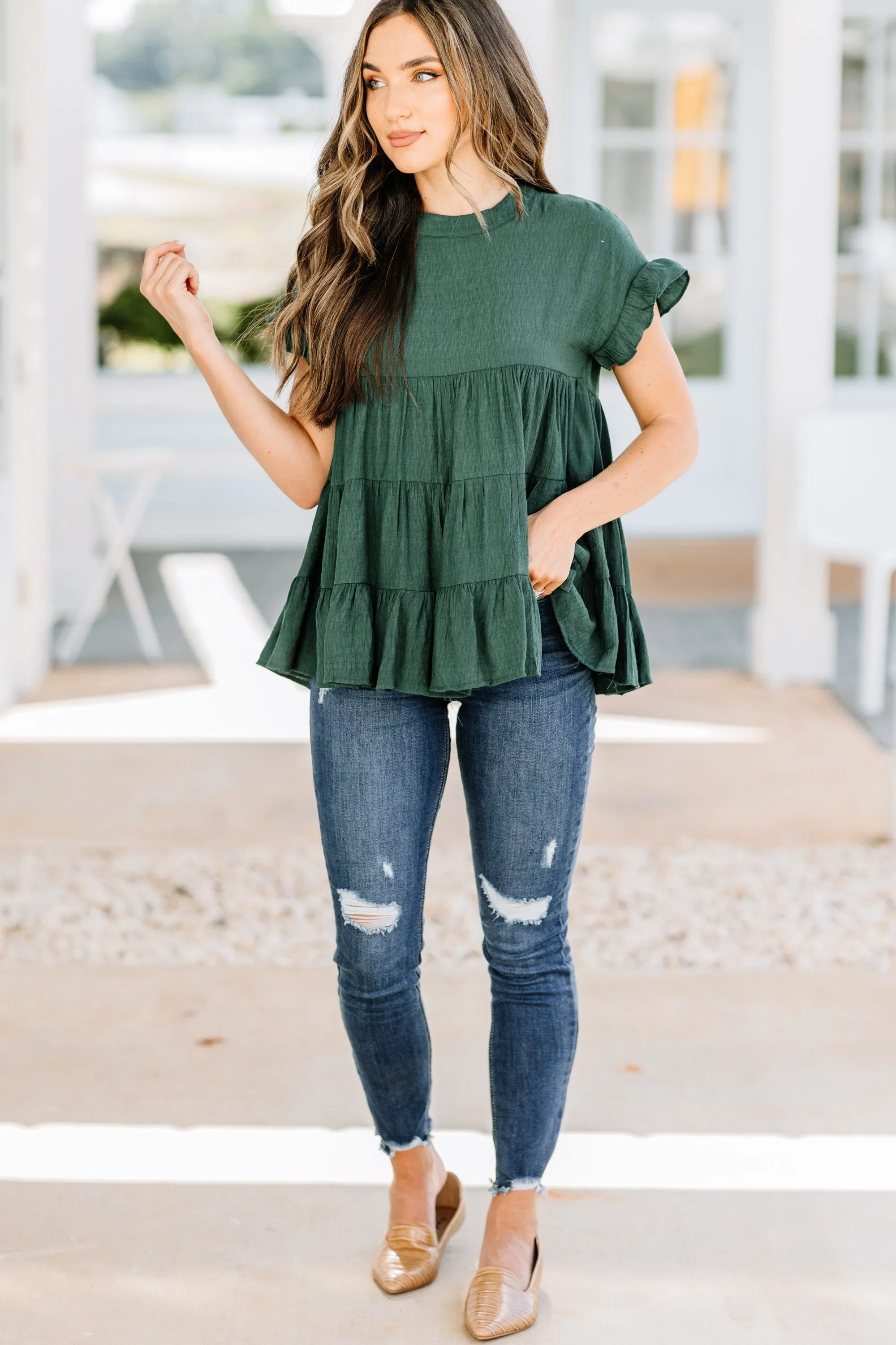 On The Scene Hunter Green Tiered Top