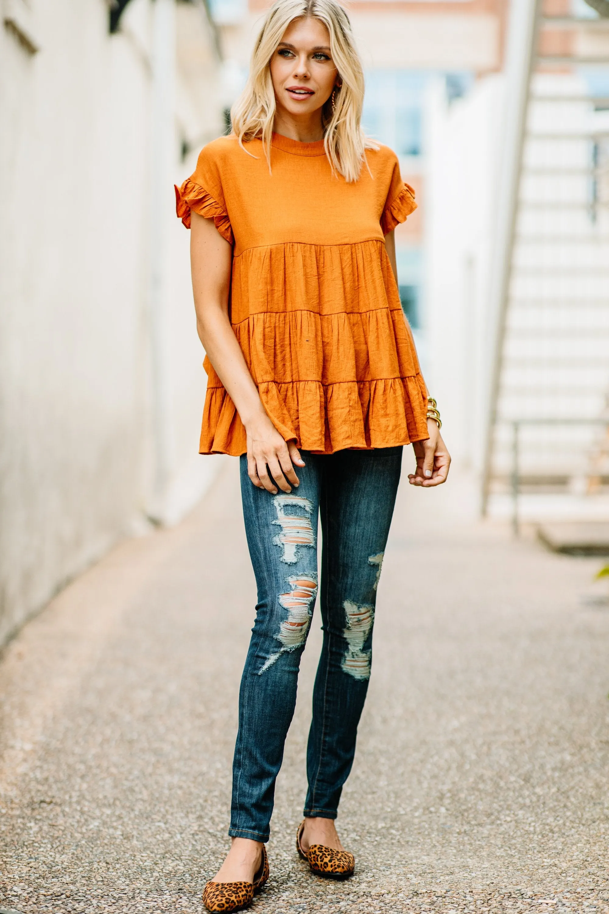 On The Scene Rust Orange Tiered Top