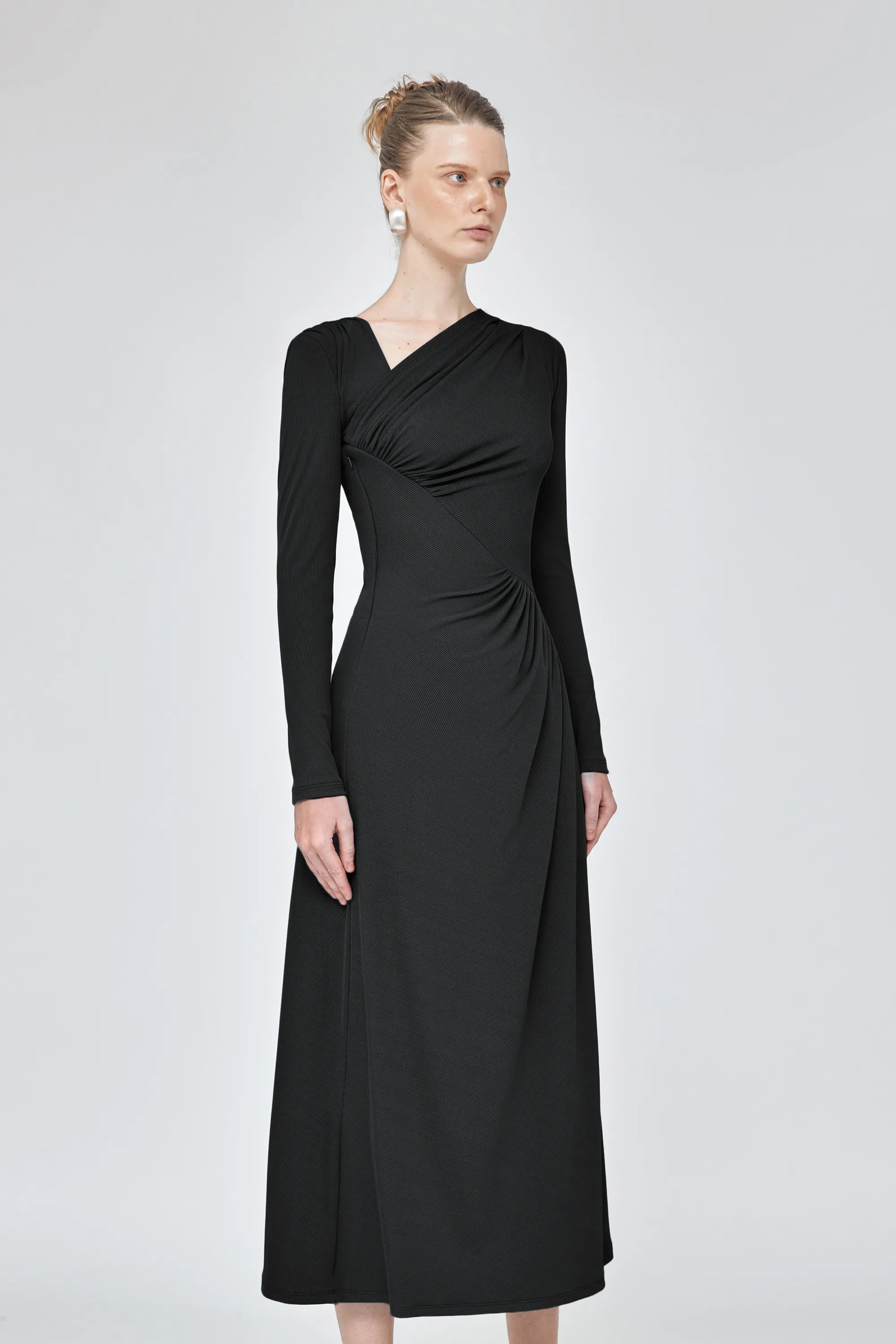 One shoulder long sleeve ruched midi elegant dress- Layla
