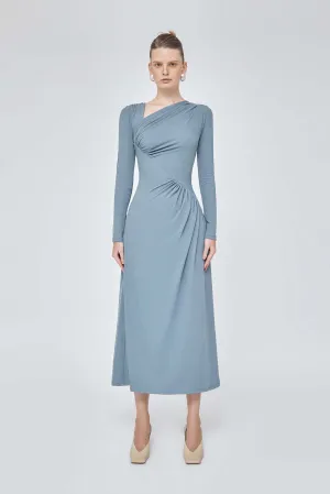 One shoulder long sleeve ruched midi elegant dress- Layla