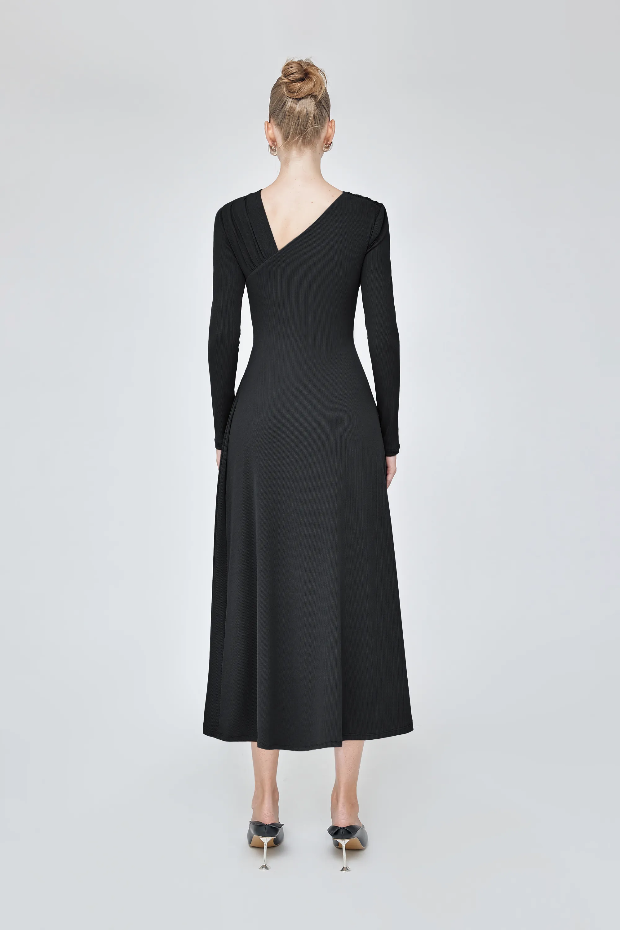 One shoulder long sleeve ruched midi elegant dress- Layla