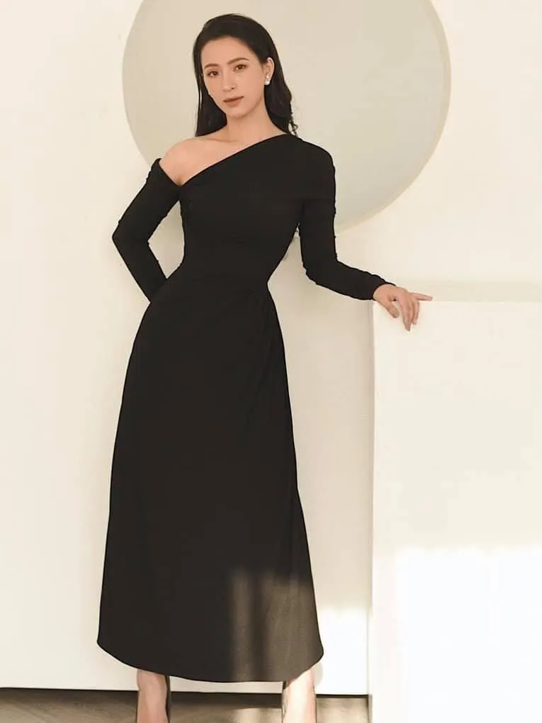 One shoulder long sleeve ruched midi elegant dress- Layla