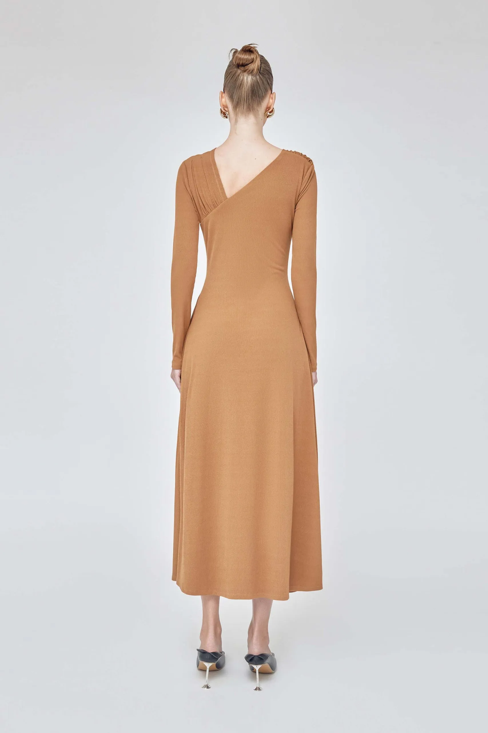 One shoulder long sleeve ruched midi elegant dress- Layla