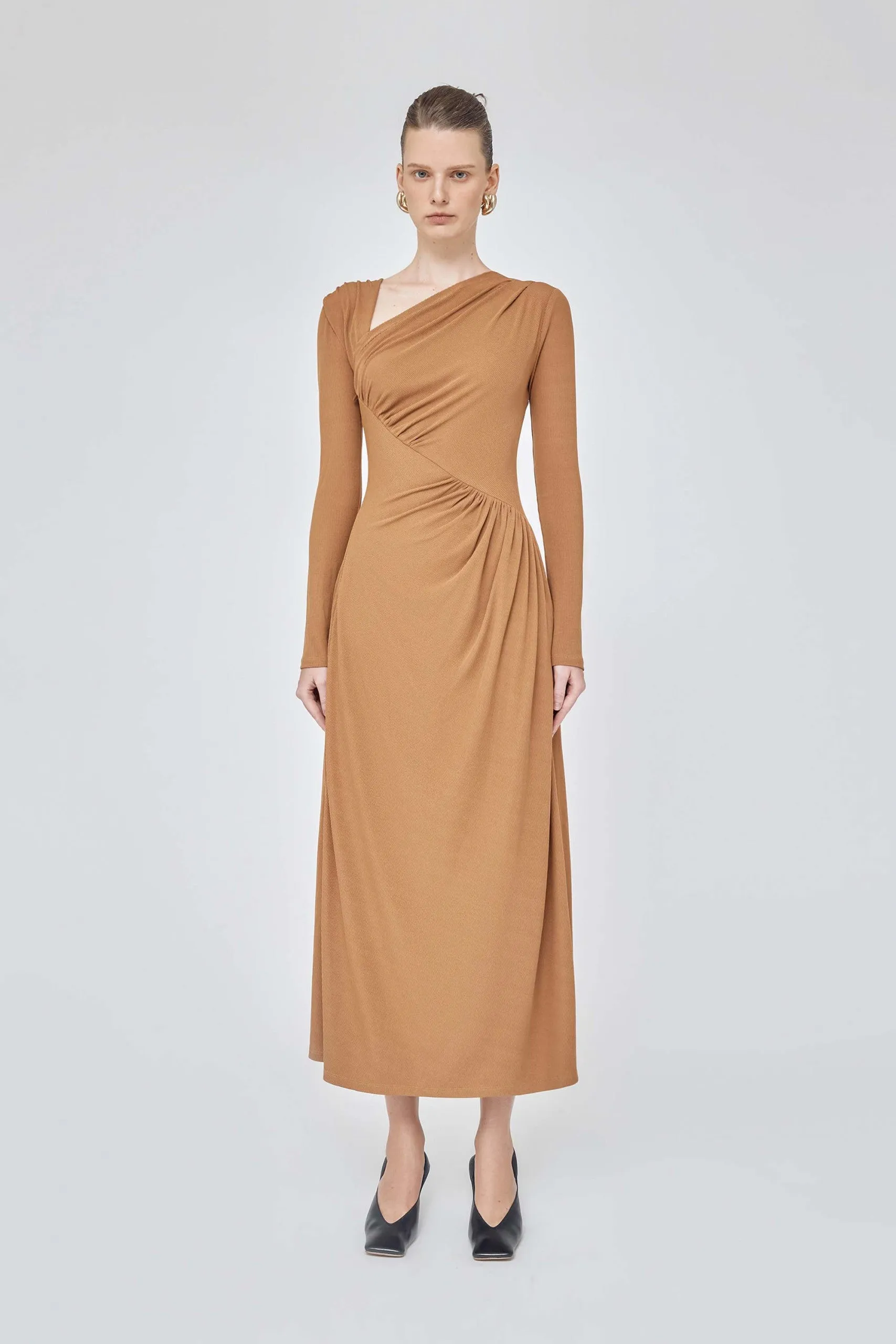One shoulder long sleeve ruched midi elegant dress- Layla
