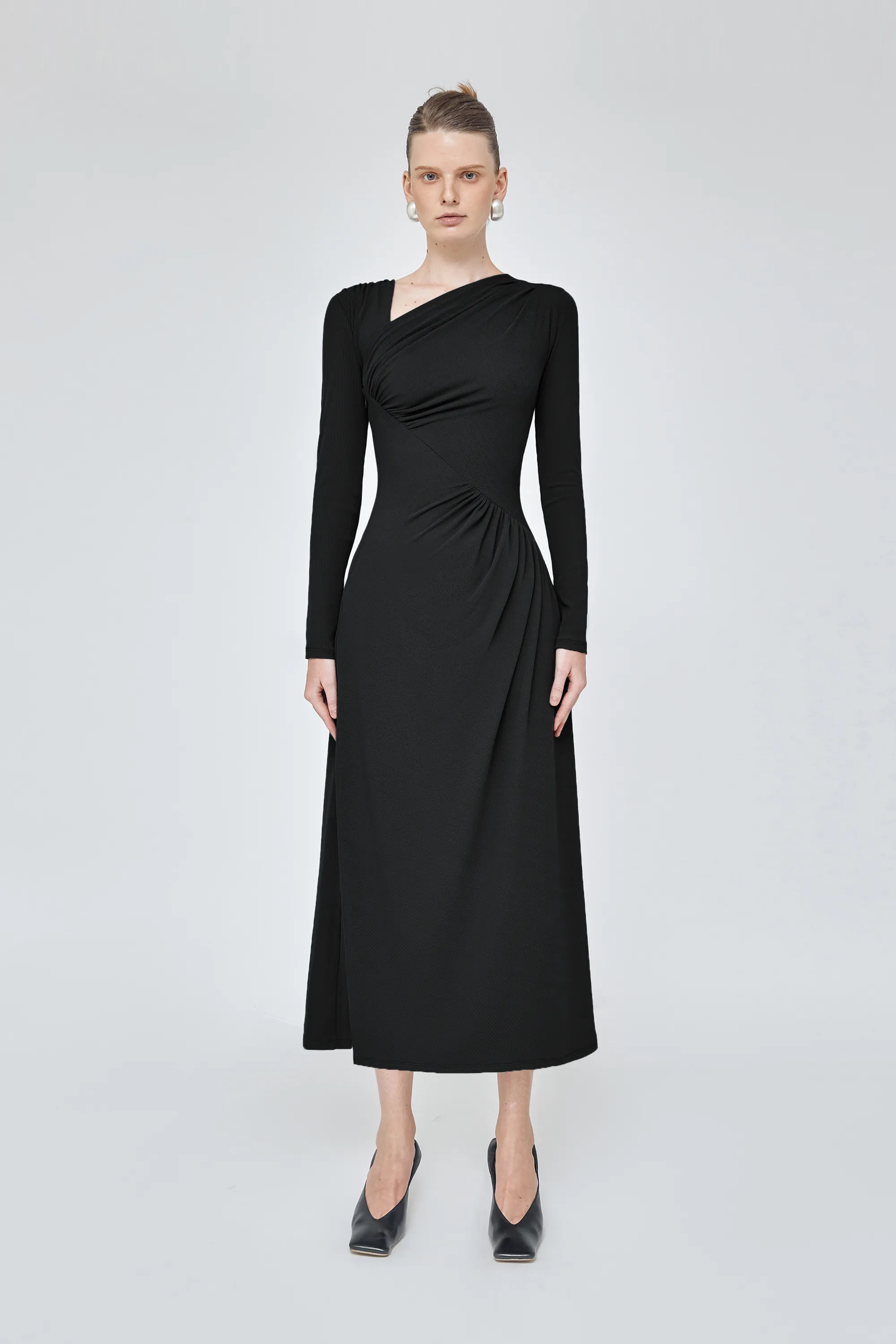 One shoulder long sleeve ruched midi elegant dress- Layla