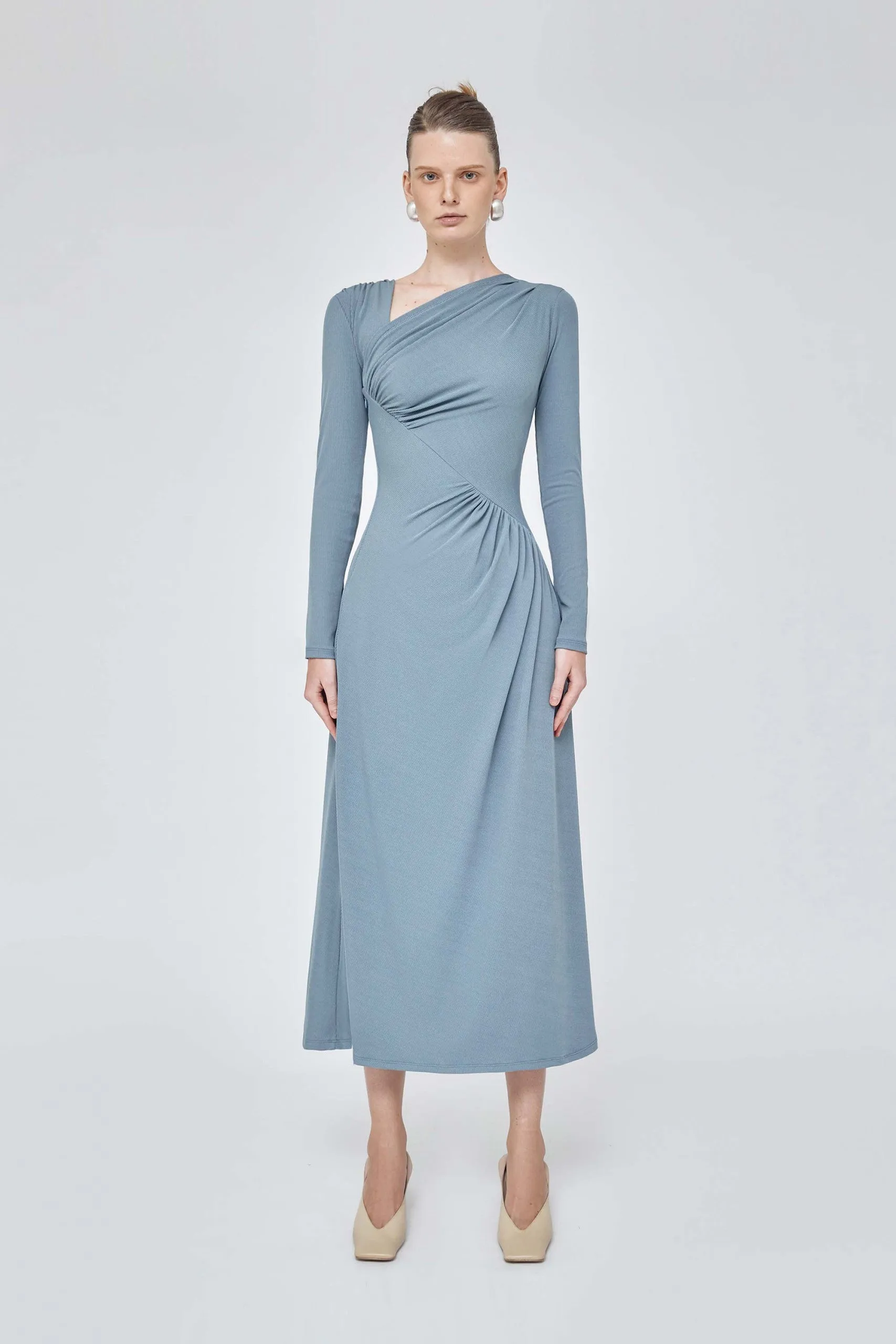 One shoulder long sleeve ruched midi elegant dress- Layla
